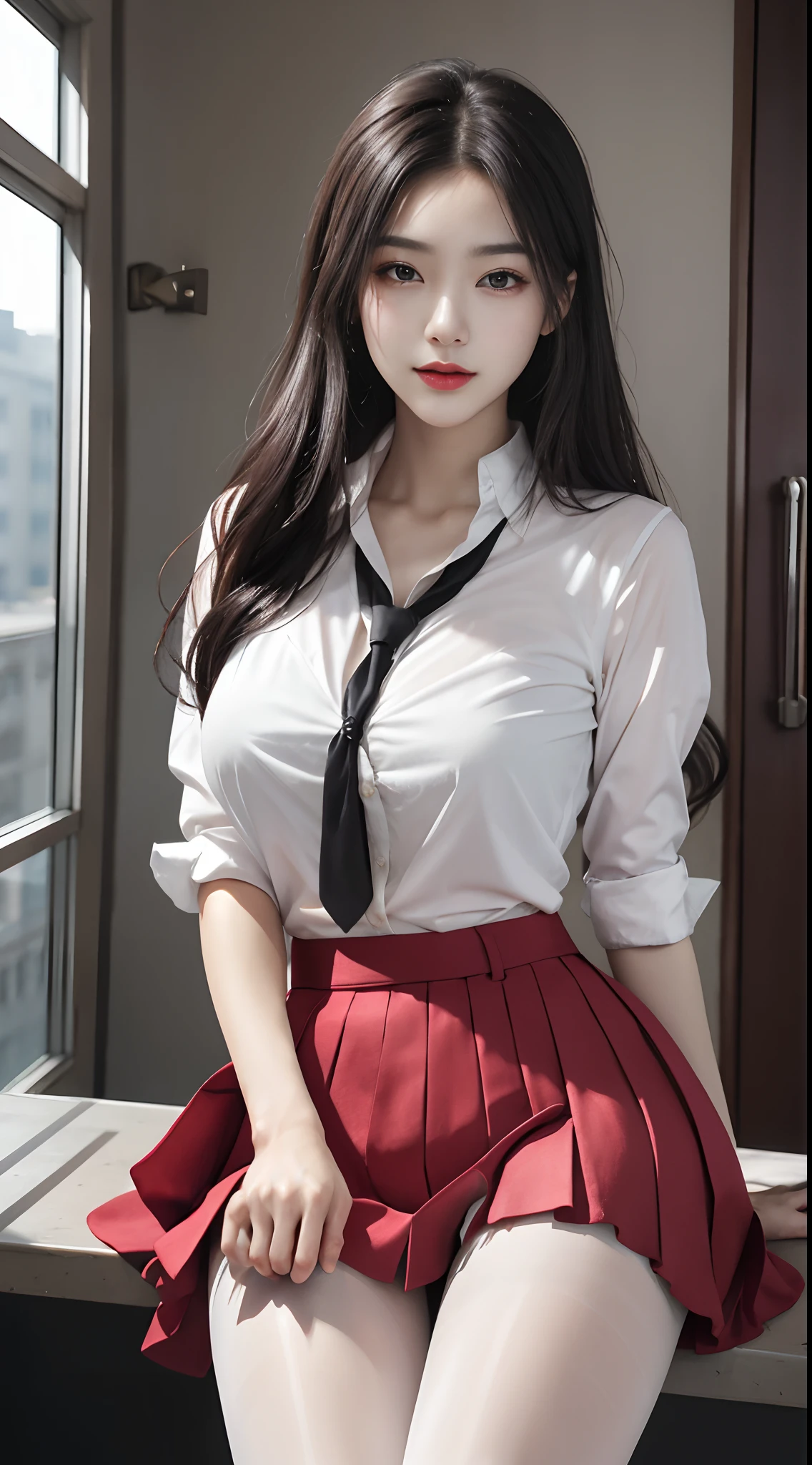 Ultra-realistic 8K CG,s the perfect face,flawless perfection,Ren,tmasterpiece,professionalartwork,famousartwork,s the perfect face,beauitful face,beautidful eyes,((Perfect female body)),独奏,(immersiveatmosphere,lightand shade contrast:1.5,Bright light:1.2,lumnious),,(Blushlush:0.5),Enchanting expression,Ultimate detail_The eye,(huge tit),Exquisite background,depth of fields,photorealestic:1.3,Faraway view,1girll,The shirt,pleatedskirt,school uniform,Sit Pose,full bodyesbian,(ambient lights:1.3),(cinematic compositions:1.3),(neonlight:0.1),(hdr:0.1),emphasis lighting,lacepantyhose,tiese