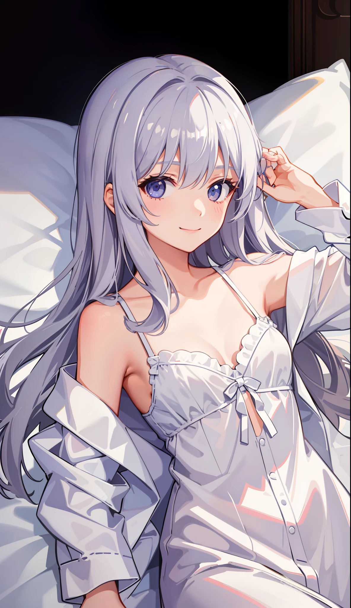 1girl in、A smile、A delightful! Cute white pajamas、dressing gown、(small tits)、Sleeping in large letters、Upper body portrait、