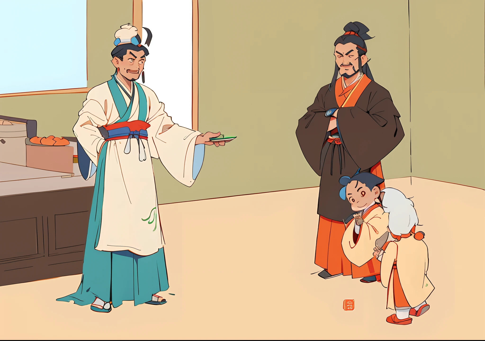 Two men,One child, yiqiang and shurakrgt, Wearing ancient Chinese clothes, The robed figure picked up the orange, Chinese traditional, Song Dynasty, Official illustration, offering a plate of food, Ruan Jia and Fenghua Zhong, full-colour illustration, Traditional Chinese clothing