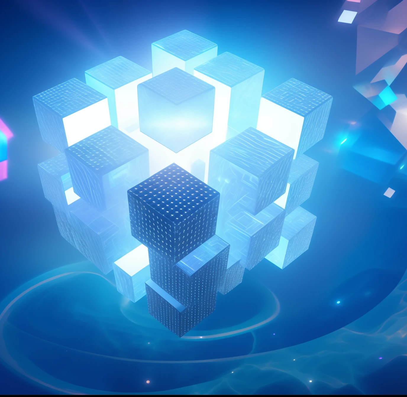 There is a man standing in front of the cube, the tesseract, the encrypted metaverse, Hypercube, data holograms, Bioluminescent hypercube, large cyberarrays data holograms, cube, borg cube, statue of a cubes and rings, the tesseract, made of crystalized synapse, cube portals, Blockchain
