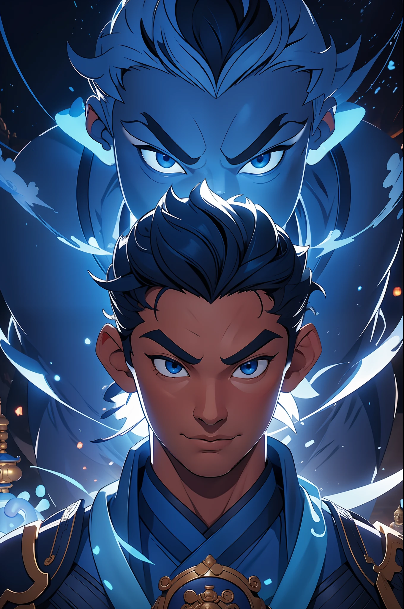A Disney character stands in front of a blue-glowing Buddha statue,Show his arms,playstation 5 screenshot,chinese paintings,close-up intensity,Zhong Fenghua,kazuki takamatsu,Han Young-ho,God Ray,Master of Sunshine,looking at the camera in,3Drenderingof,ZBrush,rendering by octane,8K,best qualtiy