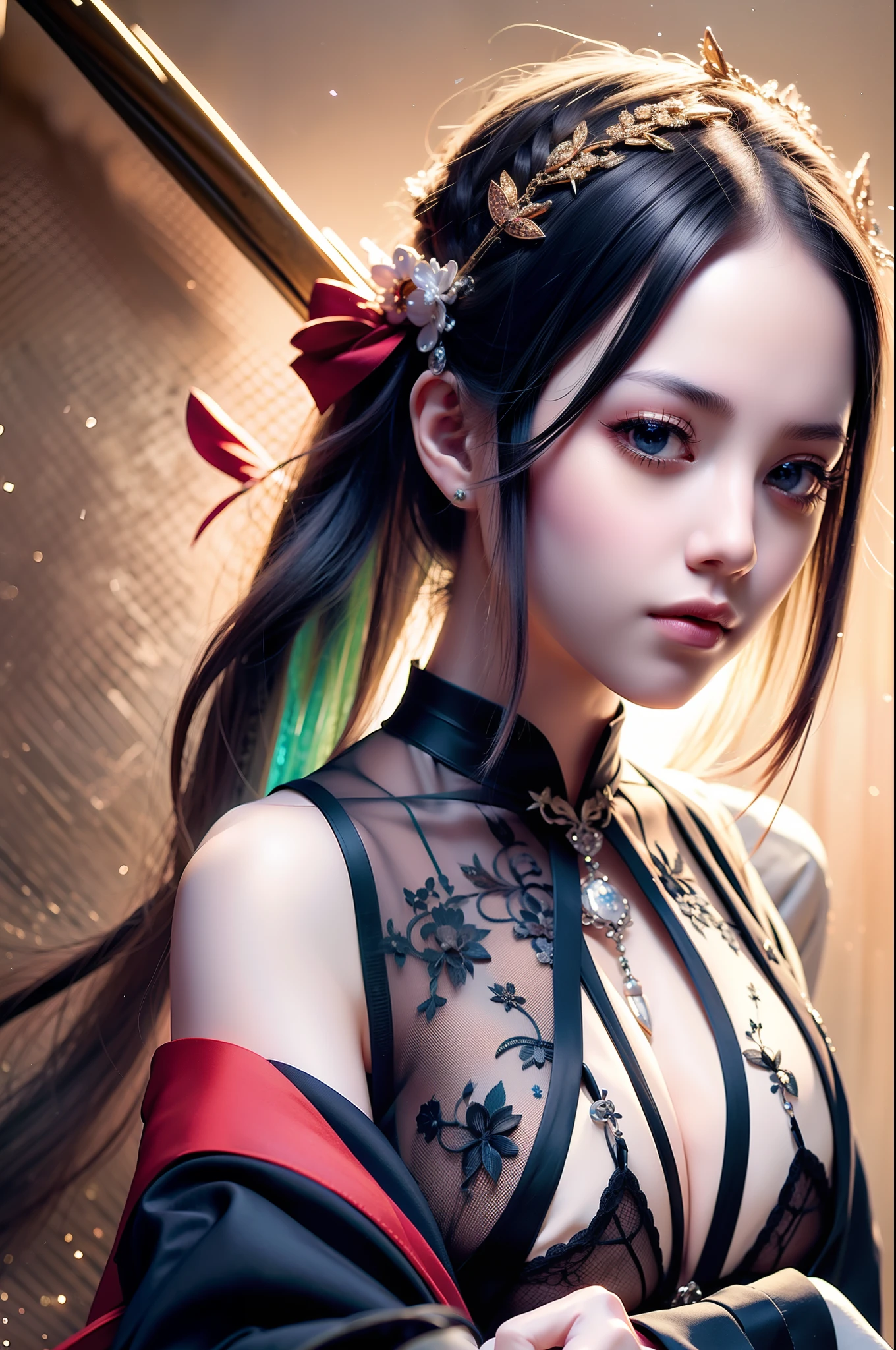 High quality, Masterpiece, Masterpiece, Exquisite facial features, Exquisite Hair, Elaborate Eyes, Off-bshoulders,Delicate colored hair, 4K quality, Gorgeous light and shadow, Tyndall effect, Halo, Messy hair, Young state, Gorgeous scenes, Beautifully dressed, feater,Ancient Chinese beauty with big eyes,detail-rich, Digital painting, art stations, concept-art, Sharp focus, illustration