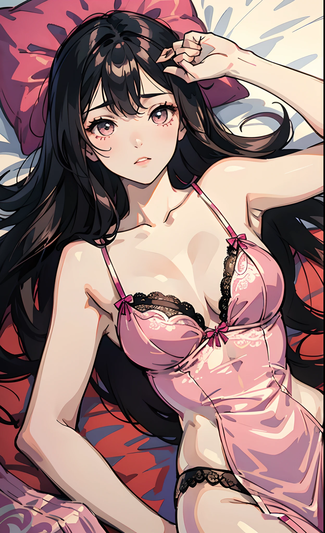 An 18-year-old girl in pink lace lingerie is lying on the bed。