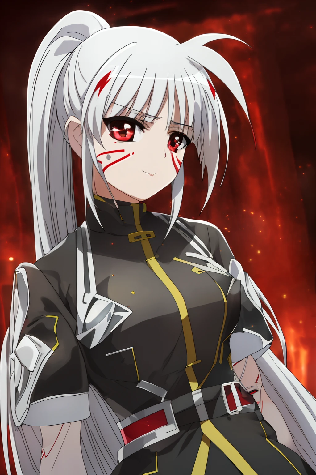 (masterpiece, best quality, high resolution),looking at viewer,standing,1girl,intricate iris, (((white hair,redeyes,empty eyes,clear face)),smile, jacket,reinforce, 1girl,takamachi nanoha,silver long hair,ponytail,(((red facepainting))),