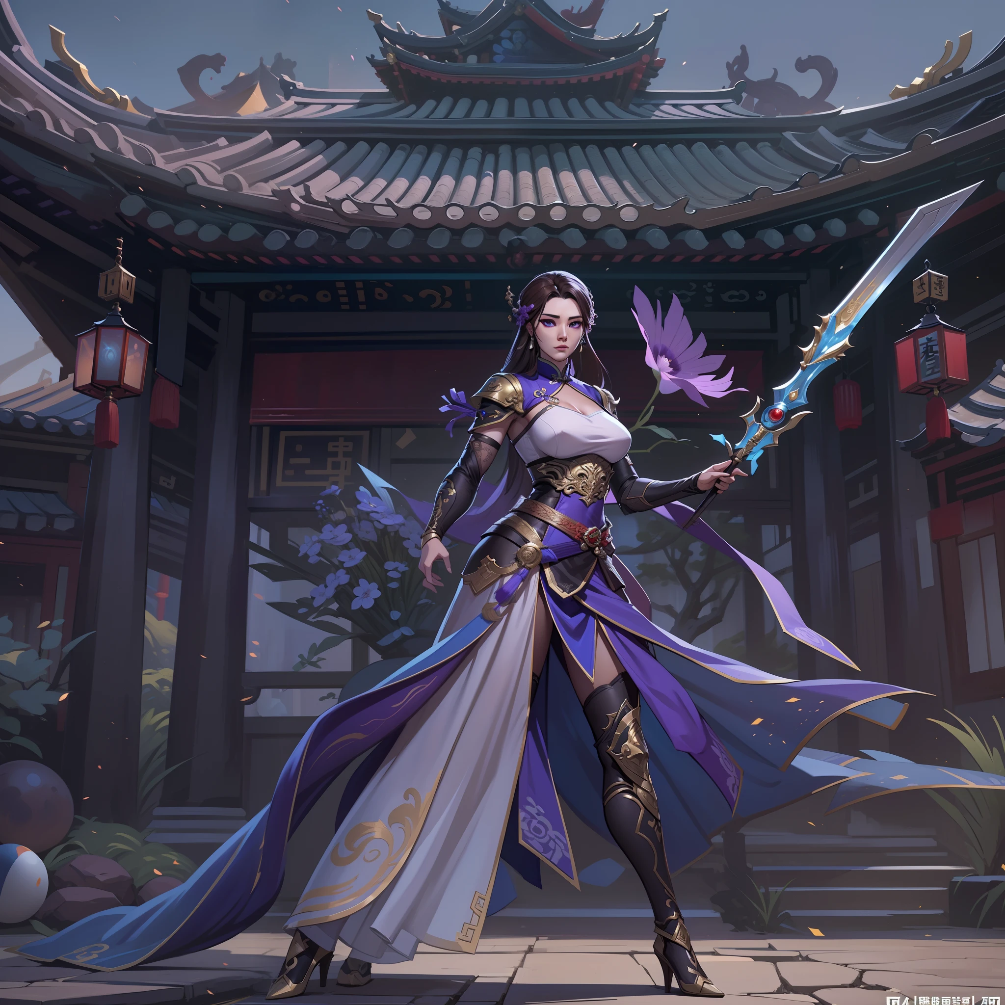 a close up of a strong amazon woman in her 30's, with purple eyes and grey-brown hair, wearing a black and purple ball gown dress, a heroine with purple eyes, martial artist holding polearm, standing in a chinese temple, new costume concept design, in the style of blade and soul, full body character concept, detailed character design, inspired by Yang Jin, inspired by Li Mei-Shu, chinese costume, inspired by Lan Ying, inspired by Sim Sa-Jeong, inspired by Li Tang, lunar themed attire, costume with blue accents, inspired by Ju Lian, colored concept art, highly detailed character design, highly detailed face, inspired by Ai Xuan, very highly detailed face, unreal engine render, final fantasy 14 style, inspired by Leng Mei