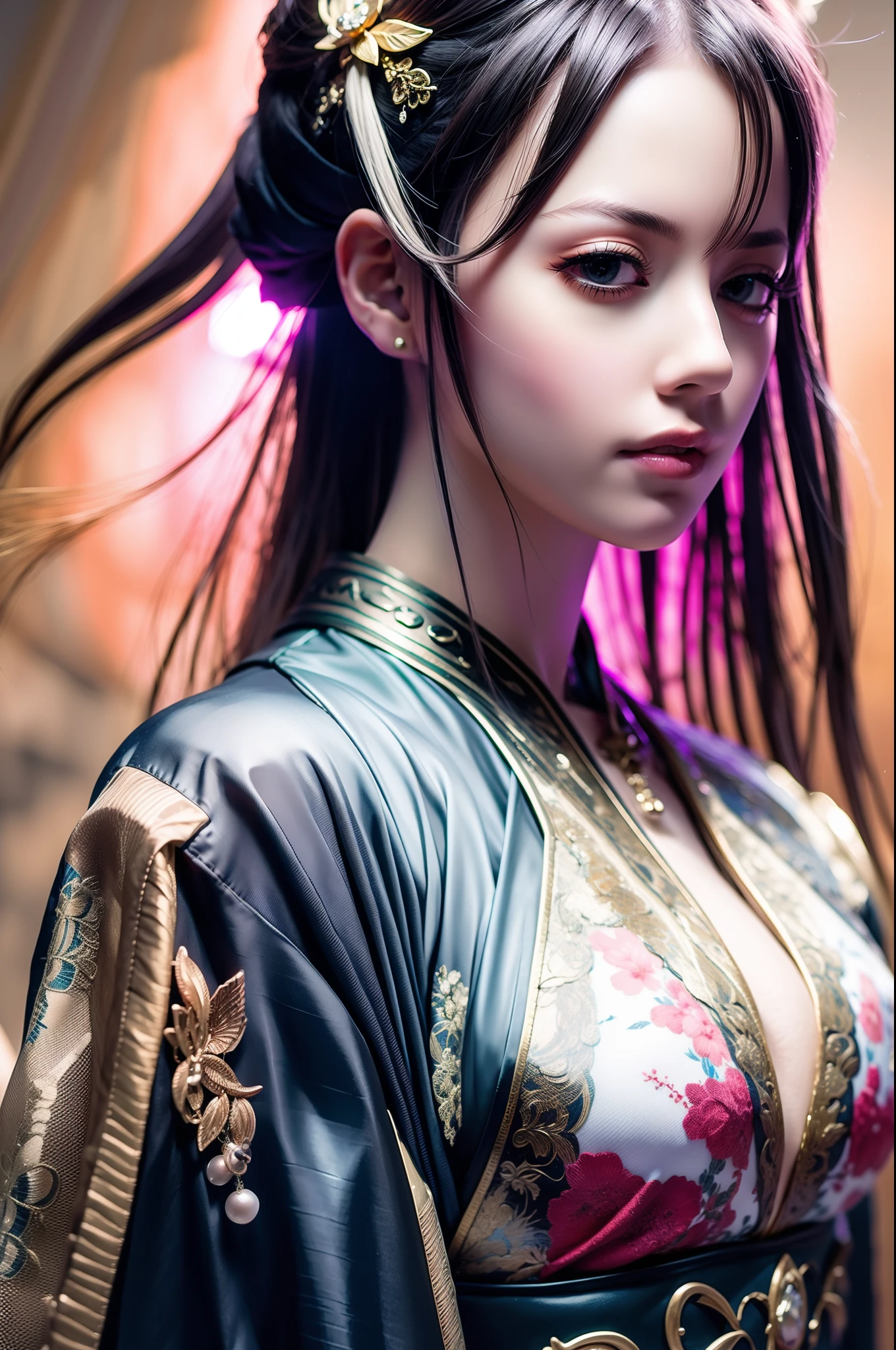 High quality, Masterpiece, Masterpiece, Exquisite facial features, Exquisite Hair, Elaborate Eyes, Off-bshoulders,Delicate colored hair, 4K quality, Gorgeous light and shadow, Tyndall effect, Halo, Messy hair, Young state, Gorgeous scenes, Beautifully dressed, feater,Ancient Chinese beauty with big eyes,detail-rich, Digital painting, art stations, concept-art, Sharp focus, illustration
