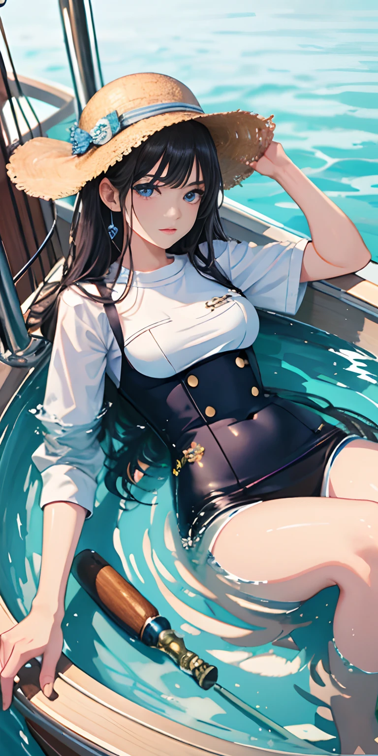 ((masterpiece)), (((best quality))), ((ultra-detailed)), ((illustration)) ,girl, boat, water surface, whirlpool, milk