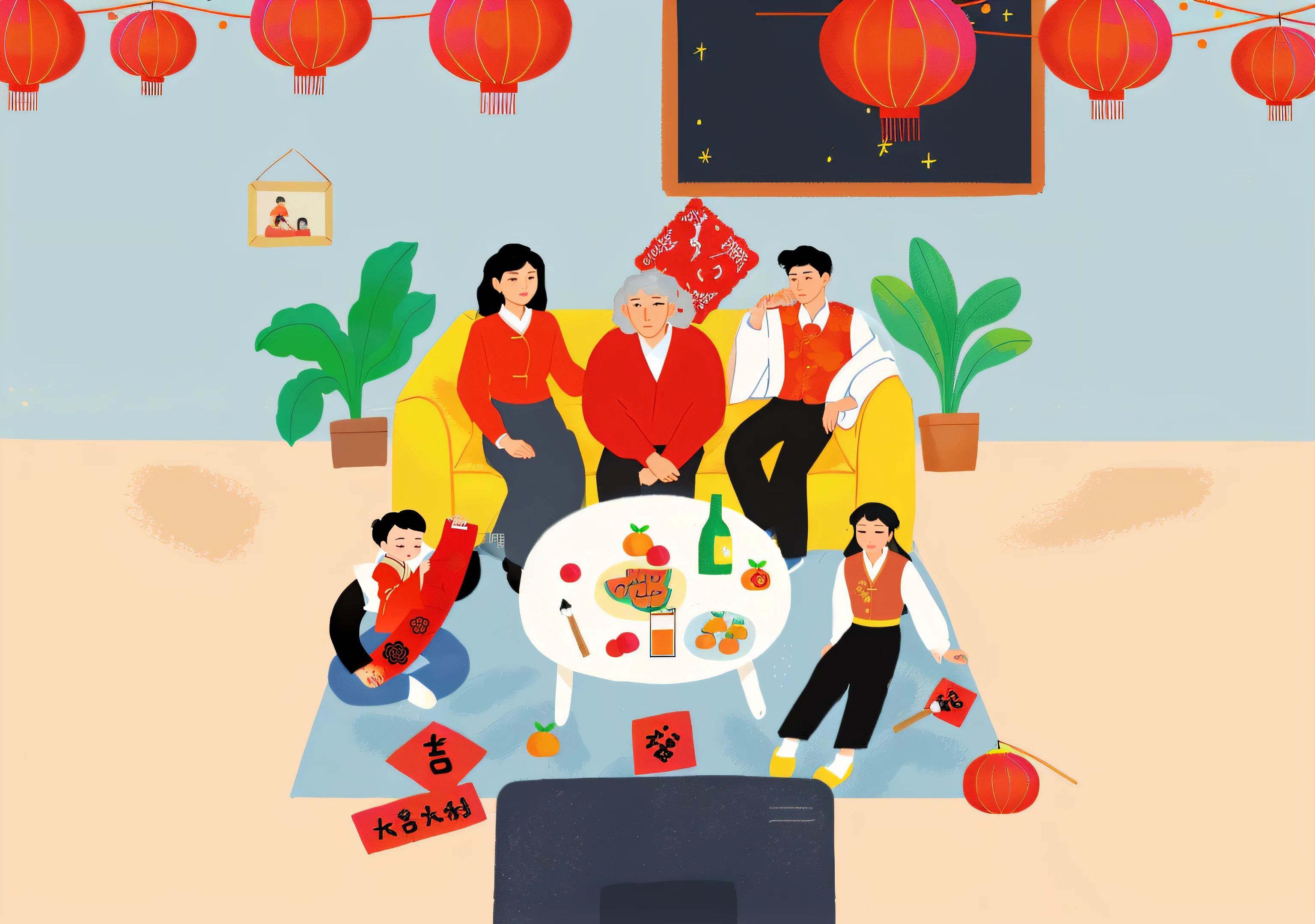 Someone is sitting on the couch，Chinese lanterns hang on it, Higher detailed illustration, Flat illustration, Chinese style painting, Chinese New Year in Shanghai, author：Jeka Kemp, full-colour illustration, Family, A beautiful artwork illustration, Chinese painting style, is playing happily, Stylized digital illustration, Detailed 2D illustration, Chinese watercolor style, illustration detailed
