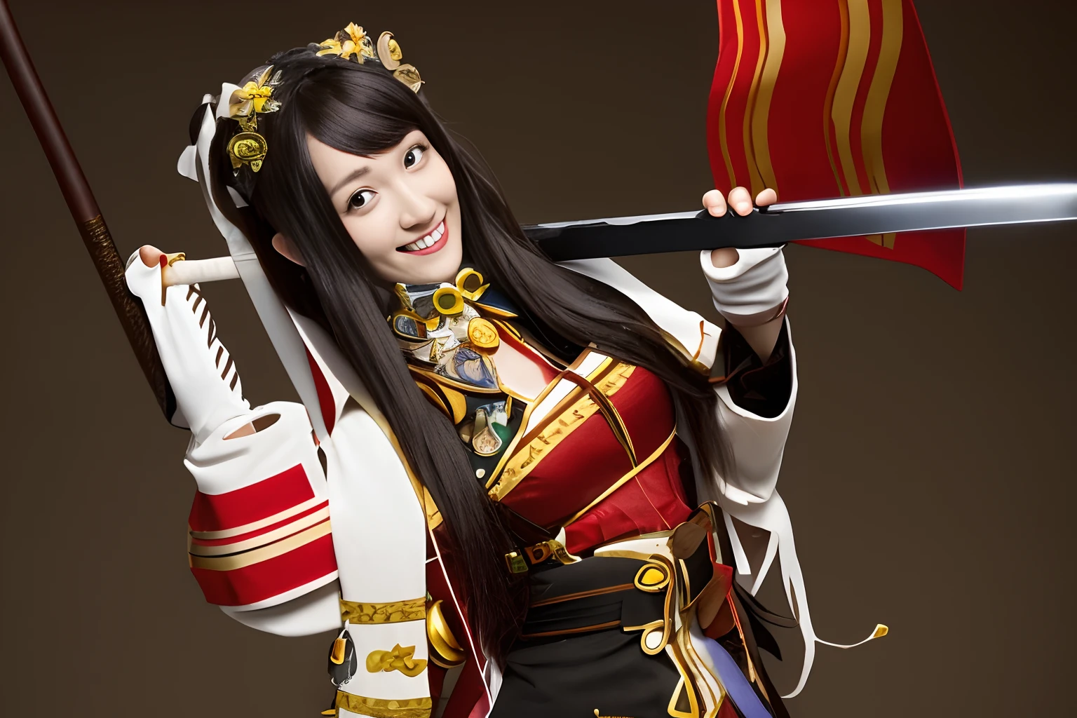 A smile、There is a woman in costume with a sword in her hand,