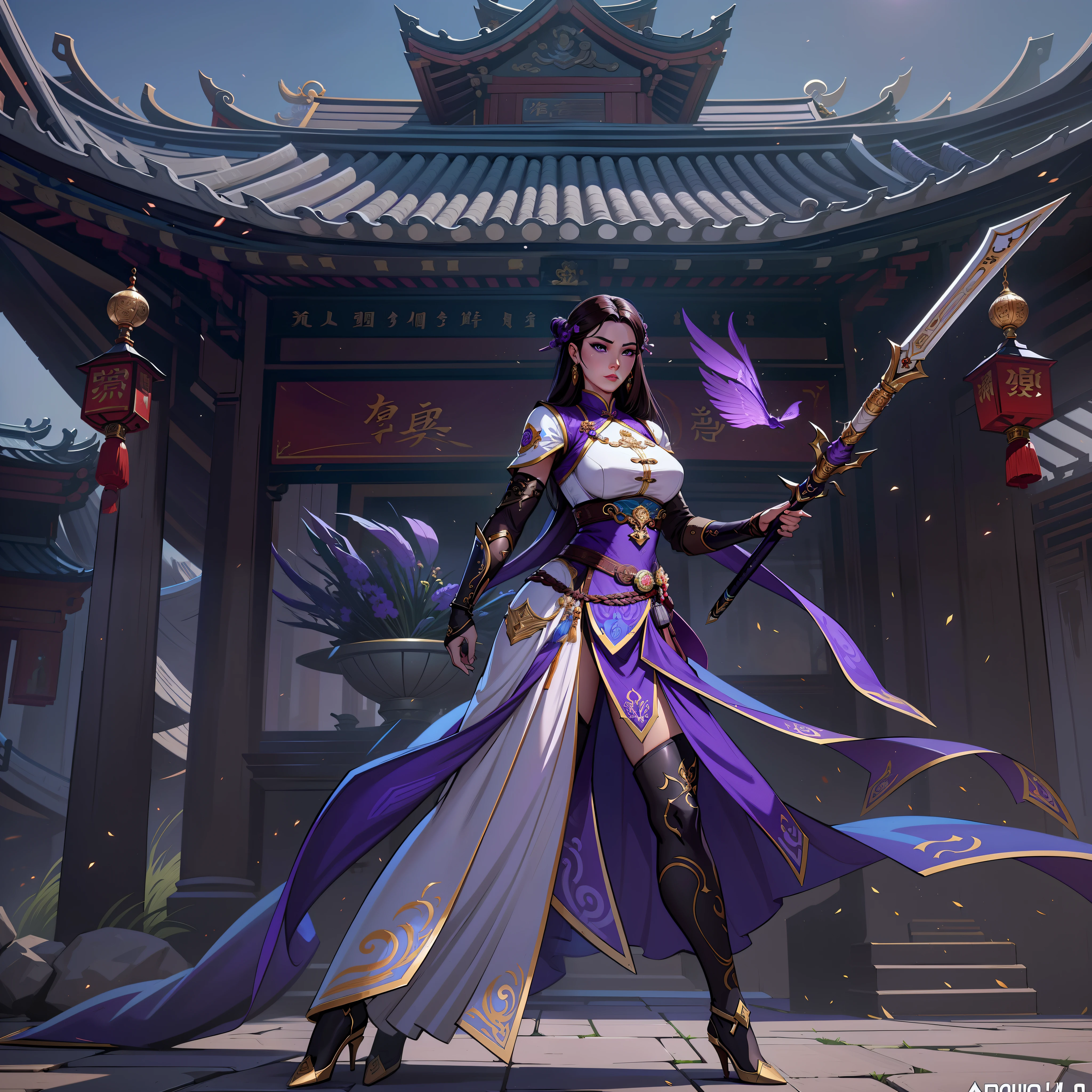 a close up of a strong amazon woman in her 30's, with purple eyes and grey-brown hair, wearing a black and purple ball gown dress, a heroine with purple eyes, martial artist holding polearm, standing in a chinese temple, new costume concept design, in the style of blade and soul, full body character concept, detailed character design, inspired by Yang Jin, inspired by Li Mei-Shu, chinese costume, inspired by Lan Ying, inspired by Sim Sa-Jeong, inspired by Li Tang, lunar themed attire, costume with blue accents, inspired by Ju Lian, colored concept art, highly detailed character design, highly detailed face, inspired by Ai Xuan, very highly detailed face, unreal engine render, final fantasy 14 style, inspired by Leng Mei