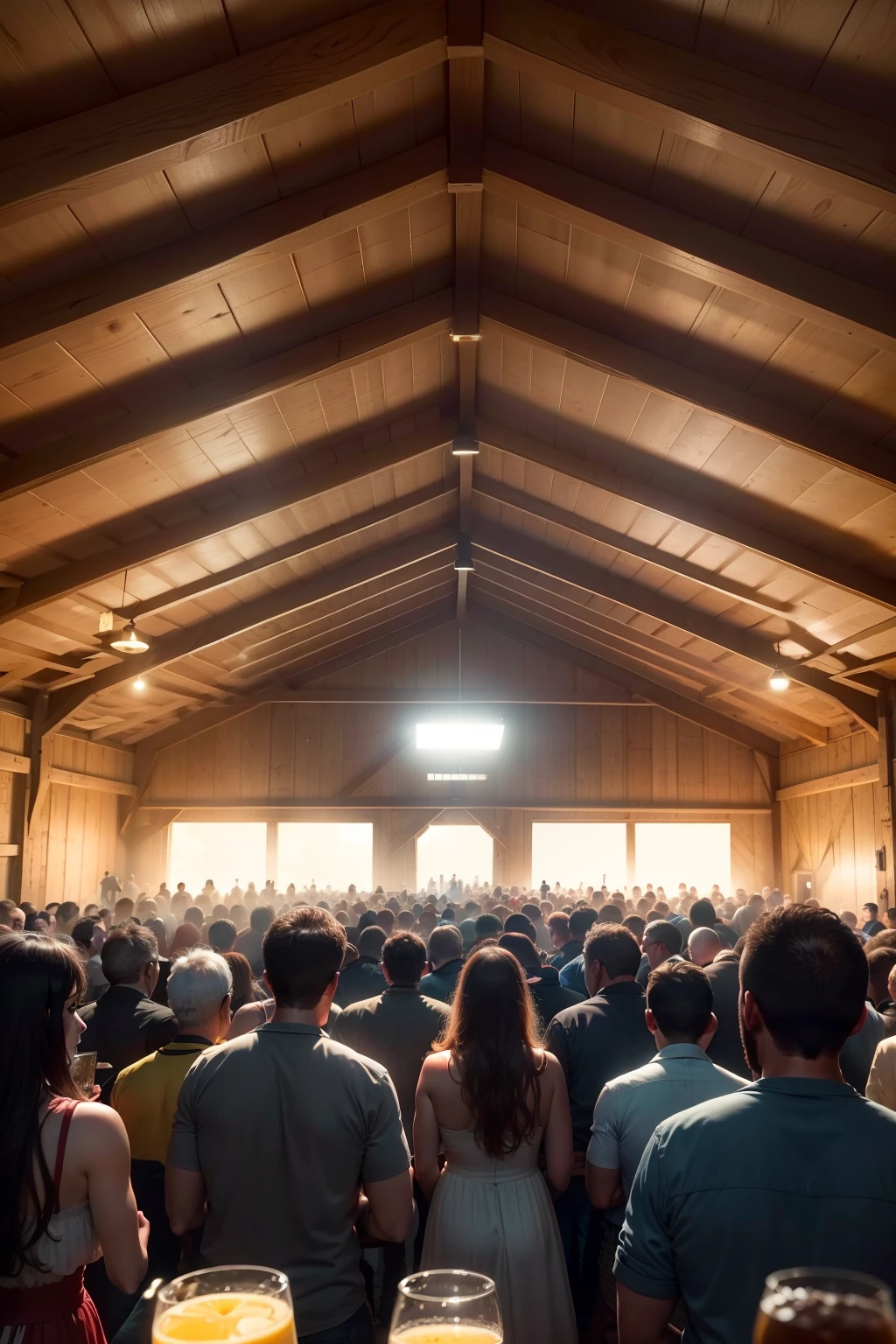 Party crowd inside barn, panoramic view of people, multiple persons, comida e bebida, celeiro bem iluminado, Diffuse farm lighting, (Obra-prima) (8k high resolution) (Melhor Qualidade) (Ultra Definition) (Ultra Realista)(Foto RAW) (Foto realista) (bright illumination)