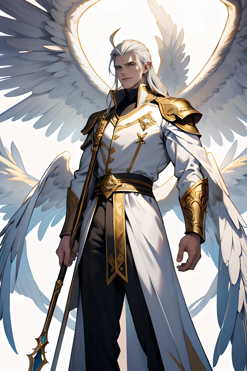 Caius is a handsome male, stands at 7ft tall. He has an athletic body structure. He wears royal attire thats silver and gold. He has beautiful white silky hair and an golden color. He is seen with a staff. He has huge white wings. A big bulge in his pants. White Phoenix human form, good quality, ultra high quality