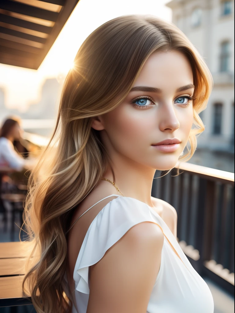 ( masterpiece) , realistic, portrait of a young Caucasian woman insanely beautiful face, sunlight, cinematic light, messy windy hair, stunningly beautiful woman, beautiful eyes, perfect anatomy, very cute, tanned golden skin, princess hazel eyes, ( enclosing the head in a frame) , stylized, 8 life - size, 8 K resolution, resting on the terrace of a cafe in trendy clothes, looking far away, human hands, strangely rich and graceful, full - body view, dynamic, very delicate, character sheets, concept art, smooth and distant view