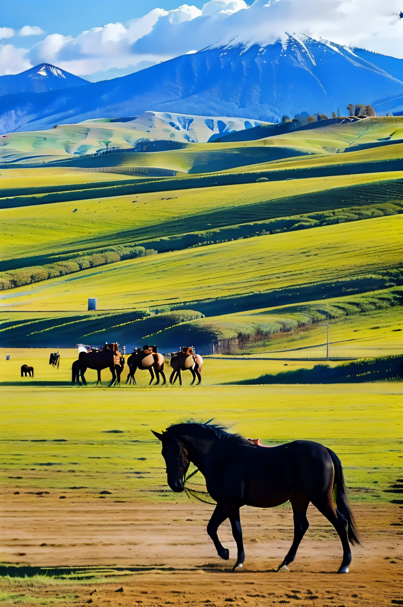 plateau,liberta,Impresionismo,herds of horses,nomadic,younge boy