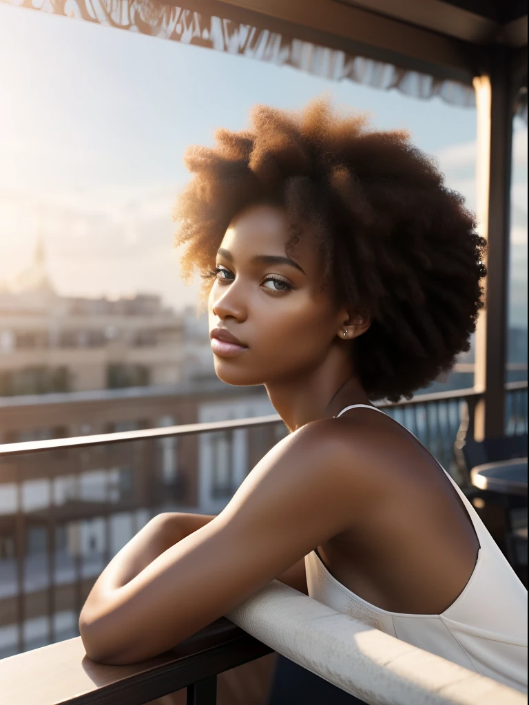 ( masterpiece) , realistic, portrait of a young Afro-American woman insanely beautiful face, sunlight, cinematic light, messy windy hair, stunningly beautiful woman, beautiful eyes, perfect anatomy, very cute, tanned golden skin, princess hazel eyes, ( enclosing the head in a frame) , stylized, 8 life - size, 8 K resolution, resting on the terrace of a cafe in trendy clothes, looking far away, human hands, strangely rich and graceful, full - body view, dynamic, very delicate, character sheets, concept art, smooth and distant view