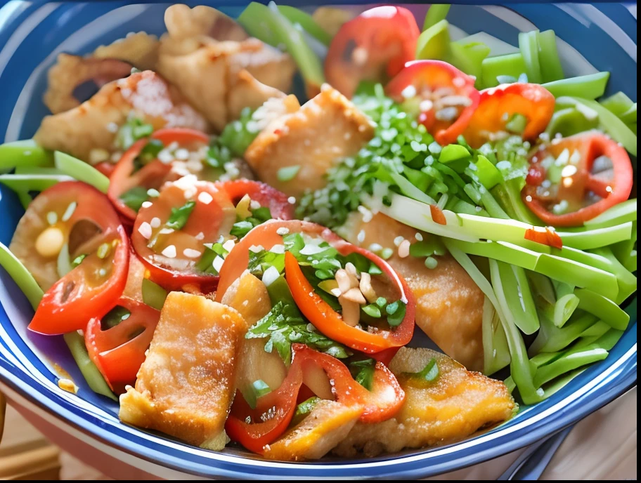 There was a bowl of food，It is delicious with vegetables and fried fish, ❤🔥🍄🌪,,Fried fish fillet A bowl filled with food, sichuan, Yum, ratatouille style, in a red dish, inspired by Li Kan, Sichuan cuisine，Fried fish fillets