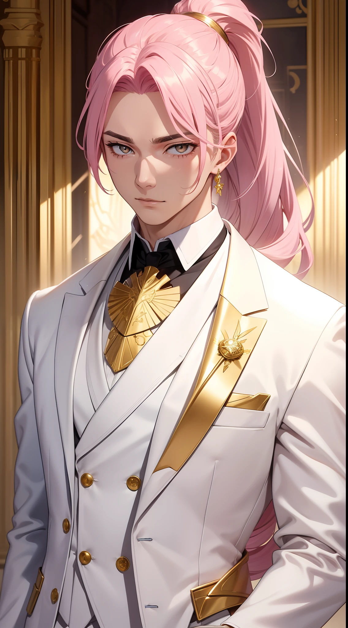 adult man, pink hair, high ponytail, golden eyes, white suit with gold elements, Masterpiece, hiquality