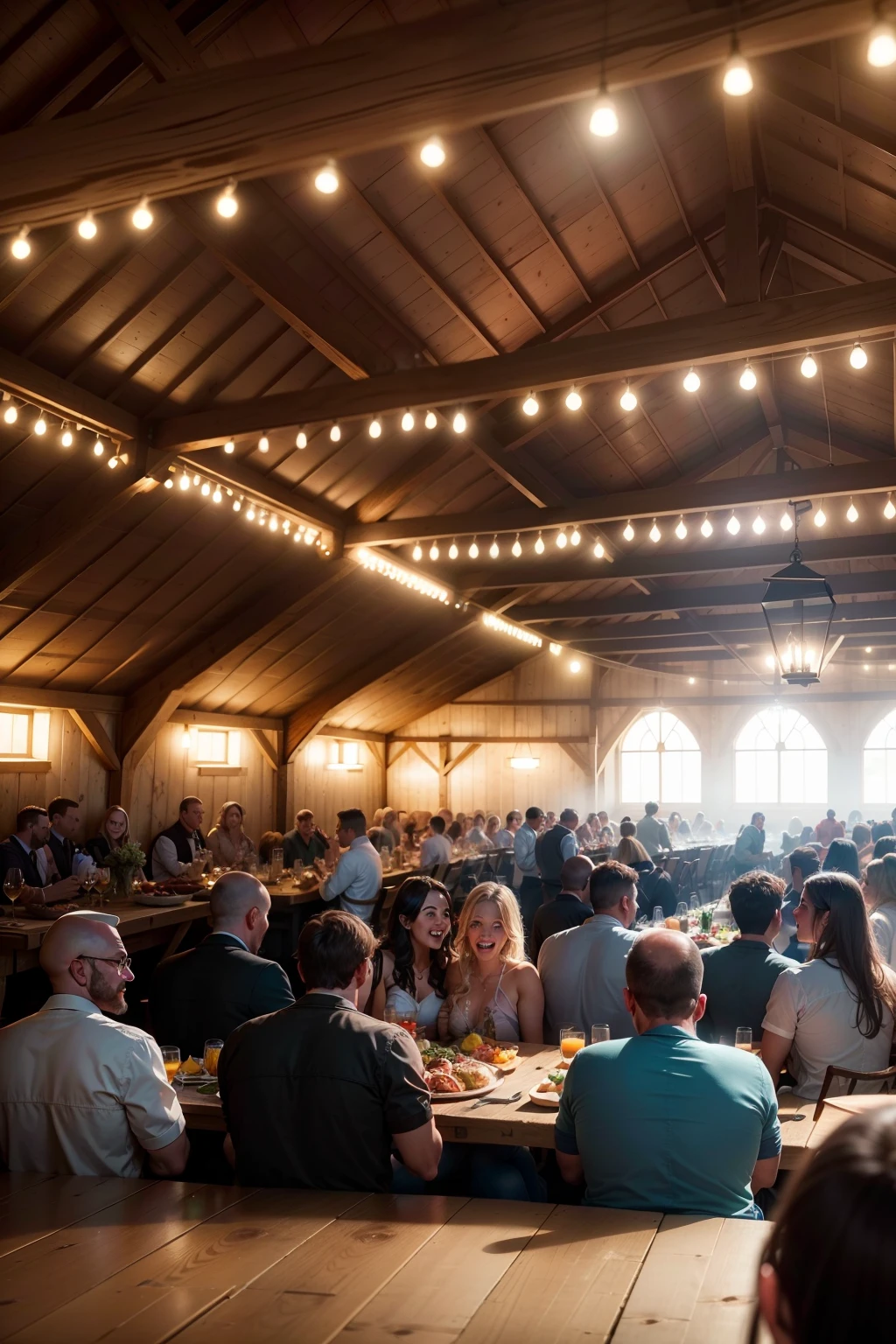 Party crowd inside the barn, panoramic view of people, multiple persons, comida e bebida, celeiro bem iluminado, Diffuse farm lighting, (obra-prima) (8k high resolution) (melhor qualidade) (Ultra Definition) (Ultra realista)(Foto RAW) (Foto realista) (bright illumination)