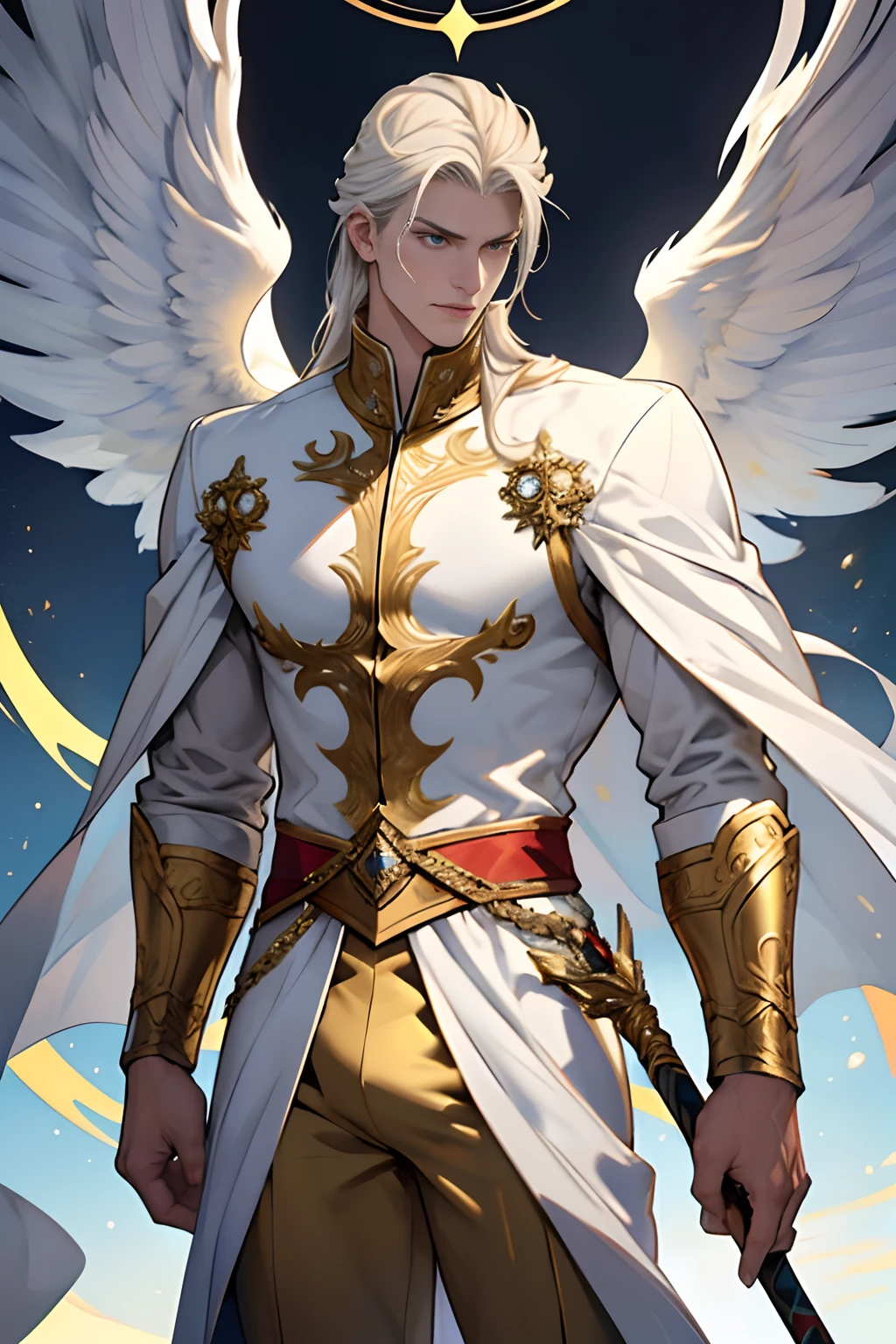 Caius is a handsome male, stands at 7ft tall. He has an athletic body structure. He wears royal attire thats silver and gold. He has beautiful white silky hair and an golden color. He is seen with a staff. He has huge white wings. A big bulge in his pants. White Phoenix human form, good quality, ultra high quality