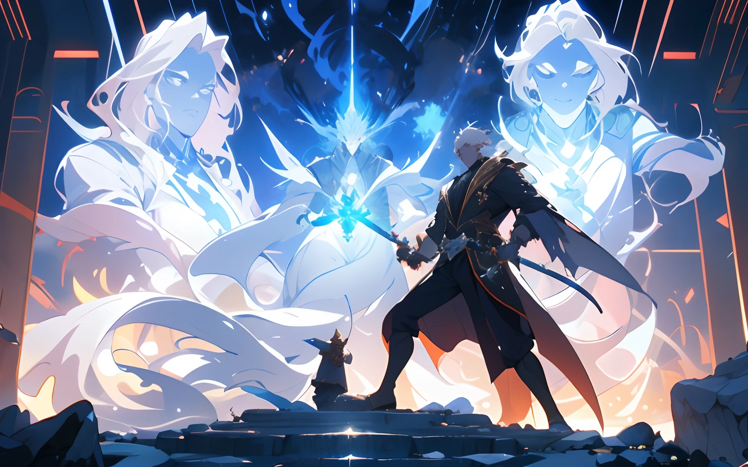 ,(tmasterpiece:1.2),best qualtiy,Pisif, exquisite detailing,Glowing,irate,Full body like,combat scene,face to face,A warlock emitting golden light,Magic Wars,Spell,Lots of elemental monsters,Launch magic,blasts,Huge sky ghost