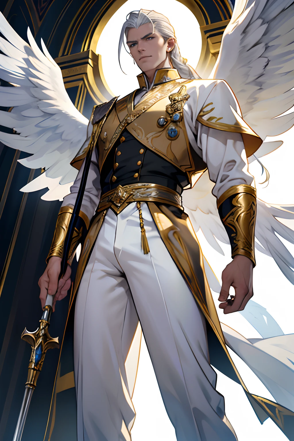 Caius is a handsome male, stands at 7ft tall. He has an athletic body structure. He wears royal attire thats silver and gold. He has beautiful white silky hair and an golden color. He is seen with a staff. He has huge white wings. A big bulge in his pants. White Phoenix human form, good quality, ultra high quality