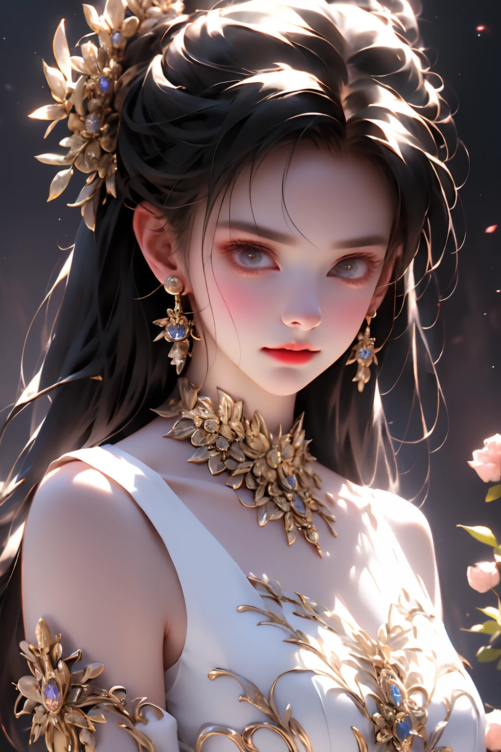There is a girl in a green dress, plum blossoms, palaces, oriental architecture ray tracing, {best quality}, {{masterpiece}}, extremely detailed 8K wallpaper, {an extremely delicate and beautiful}, colorful, intricately detailed, Realistic, real, camera quality, (detailed depiction of clothes), cool white skin, (detailed depiction of blush), 1080p, sun, soft cuteness, smooth light silver hair, messy beauty, lighting, broken feeling, bright and silky skin , 3D stereoscopic, masterpiece, best quality, super fine illustration, beautiful eyes, very fine light, fine glow, very fine 8K CG wallpaper, peach eyes, red pupils, an extremely delicate and beautiful girl, 8k Wallpaper, best quality, full body close-up, white long dress, luxurious silky bright red chiffon floodlight (magic, glitter, ultra-thin, soft,) Hanfu
