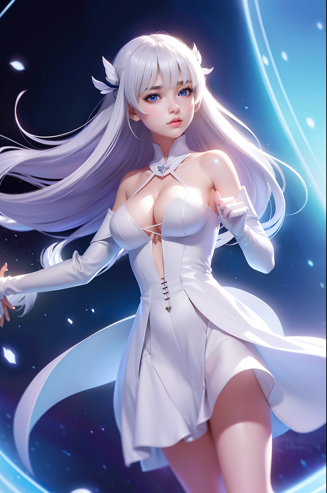 {an extremely delicate and beautiful girl}, 8k wallpaper, (masterpiece), (best_quality), (beautiful_painted), (highly_detailed), (bloom), (sketch), (best illustration), (best_shadow), (best_lighting),spaceship indoor background, in a spaceship, on bed, 1girl, blonde hair, (li), petite,(white_hair_bow), floating hair, tsundere,  solo, blue eyes, very long hair, large breast,(((theiamillis gre fortorthe))), fang, determined, v shaped eyebrows, white elbow gloves, white off-shoulder dress, combat_suit, ahoge, blush, (novel illustration), shiny_eyes, light particles, top-down bottom-up, hip focus, from behind,