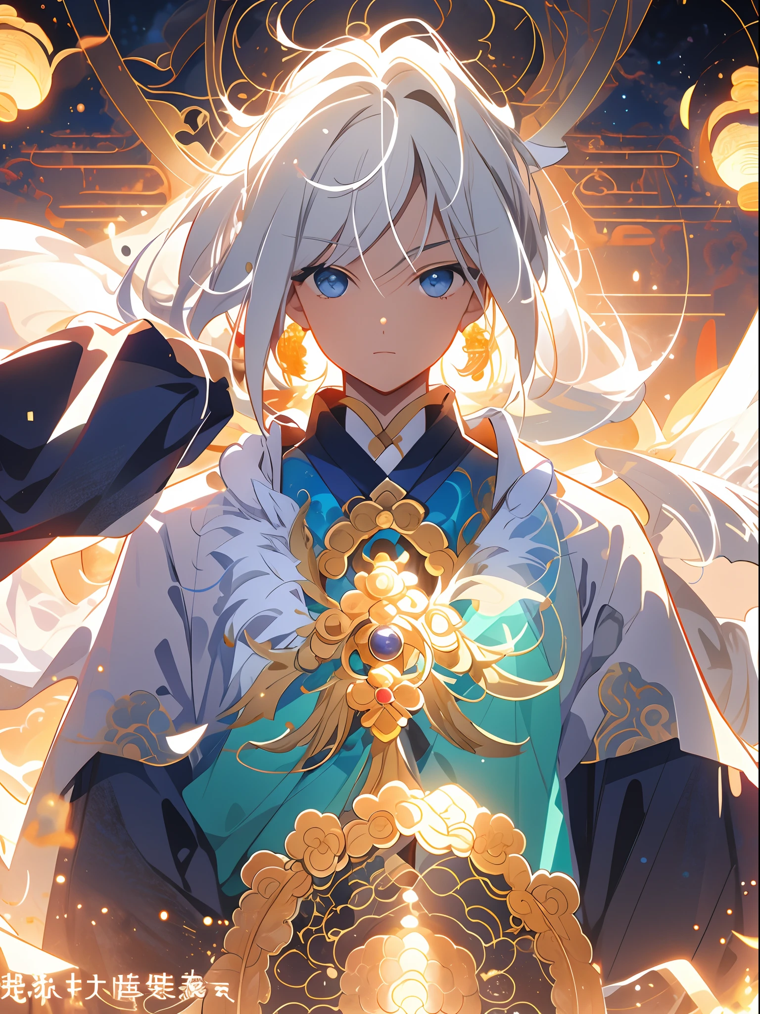 （tmasterpiece：1.2），best qualtiy，PIXIV， A girl stood in front of a golden Taoist priest，glowing