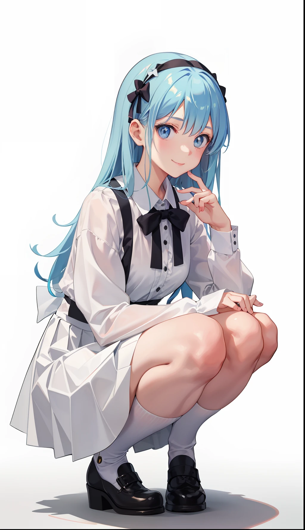 1girl in、A smile、A delightful! The shirt、pleatedskirt、White skirt、(small tits)Squatting panchira、