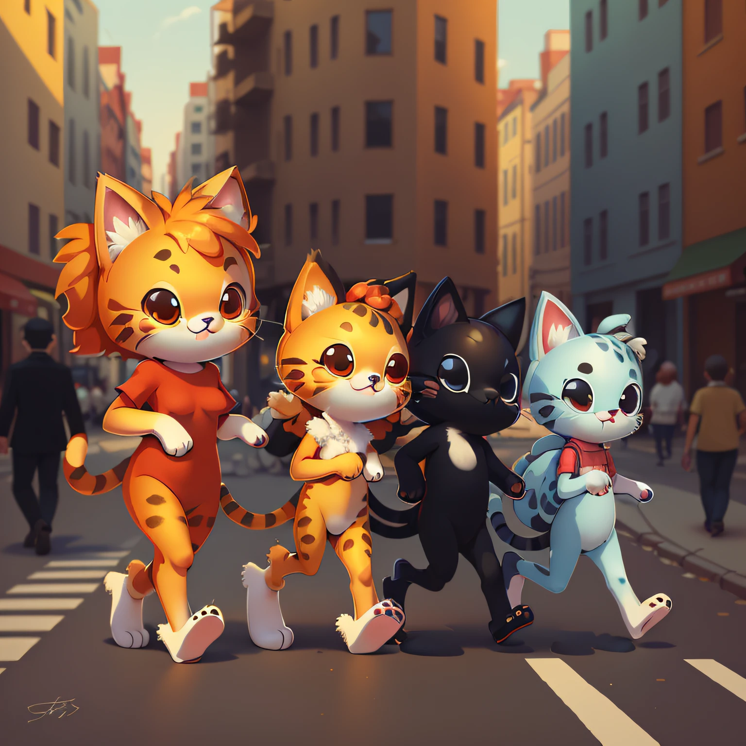 Cartoon illustration with several furry kittens walking on busy street, arte digital detalhada fofa