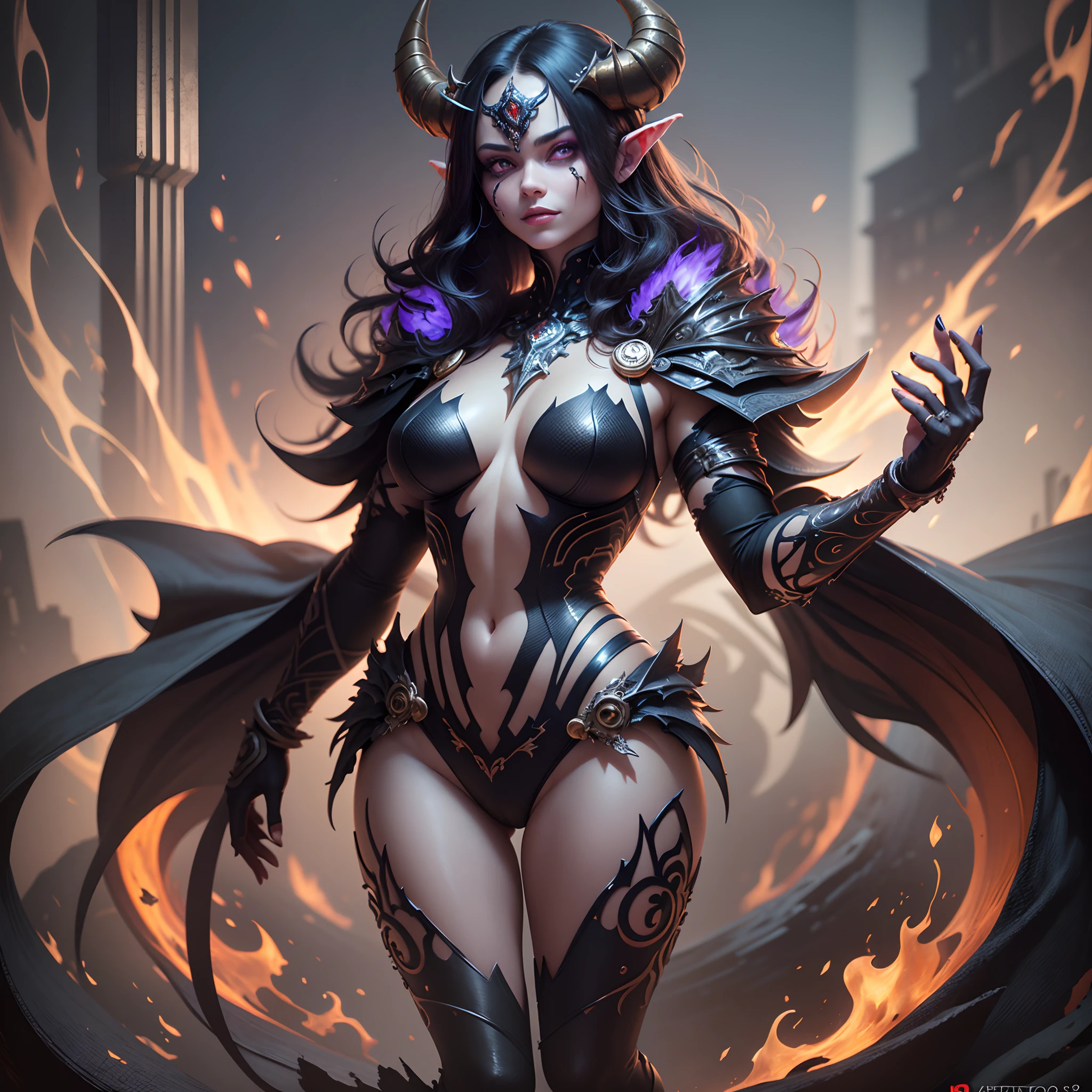 1-eyed monster,mitologic, purple skin, common eye, skinny body fully covered with rolled black cloth, 2 small red wings, large head, evil smile, 2 small horns, slender arms, thin fingers, long nails, full body, hyper detailed, lighting, hellish background, purple skin, realistic, stunning realistic photography, 3D rendering, octane rendering, intricately detailed, cinematic, trending on artstation, isometric, hyperrealistic cover photo centered, awesome colors, hand-drawn, dark, sandy, mucha, klimt, erte 12k, high definition, cinematic, neoprene, behance contest winner, portrait featured on unsplash, stylized digital art, smooth, ultra high definition, 8k, unreal engine 5, ultra sharp focus, intricate artwork, menacing , epic, highly detailed, vibrant --auto --s2