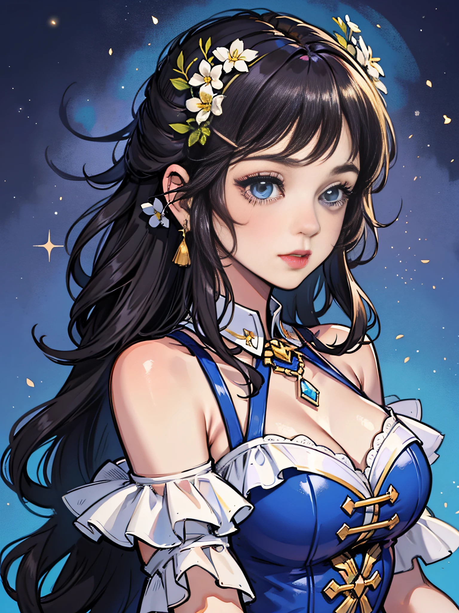 A cute beautiful girl,lovely and delicate,Peerless beauty,Fine hair accessories,Pitying,(messy hair),Costume dressed in lace,Supple skin,Fashionab,A delicate painting,Clover hairpins,Blue,Ultra-high image quality,8k,depth of fields,(Macro lens),Ambient lighting,high light,Upper body Animationstyle,Comics,Highquality Above waist