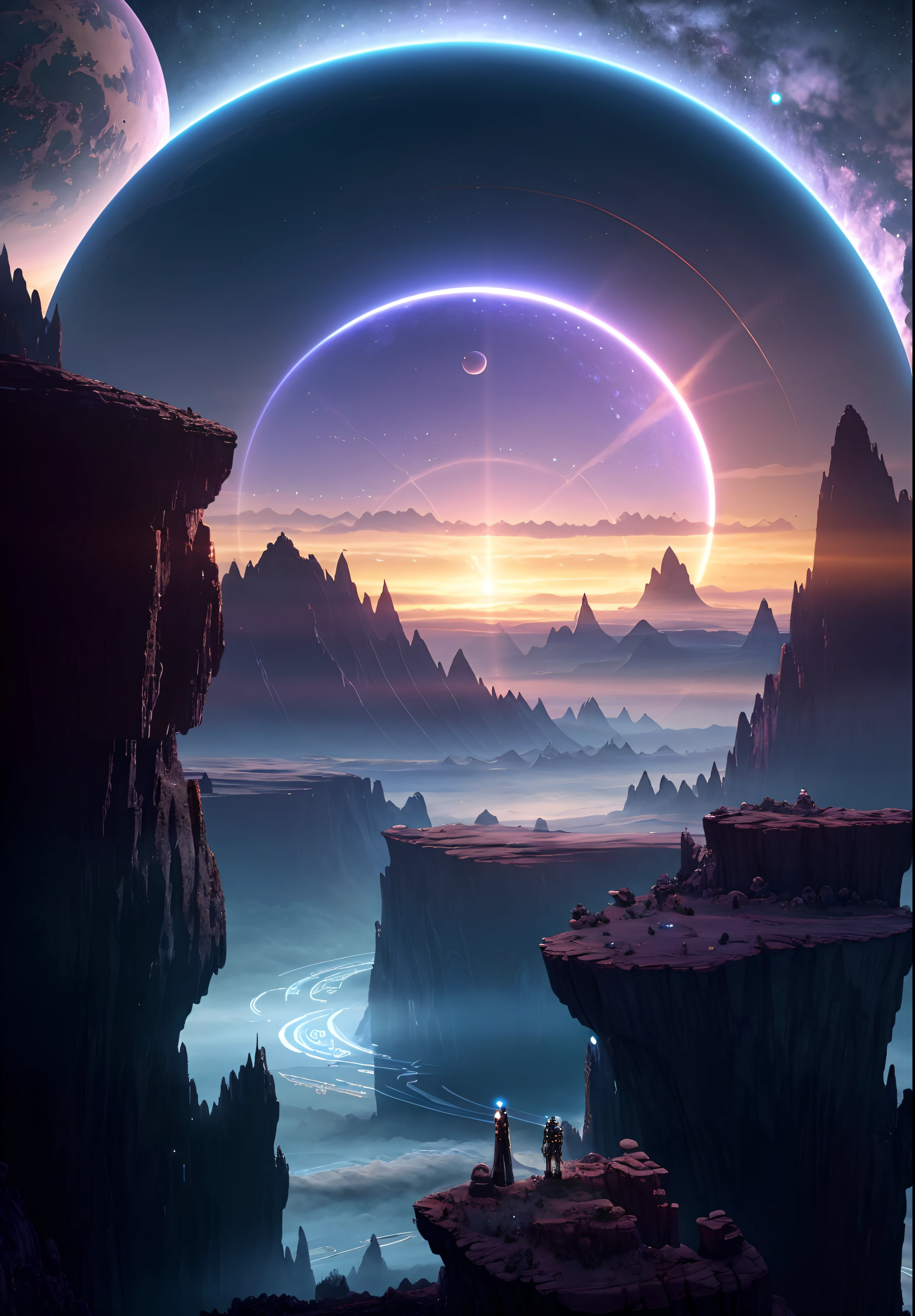 Alphard view of planets with halos in the sky, Beautiful alien landscape, 4k highly detailed digital art, planetarylandscape, fantasy planet, 8K stunning artwork, stunning alien landscape, Sci-fi fantasy wallpaper, alien breathtaking landscape, sci fi alien world, epic beautiful space scifi, amazing alien landscape, futuristic landscape, 3 d render beeple