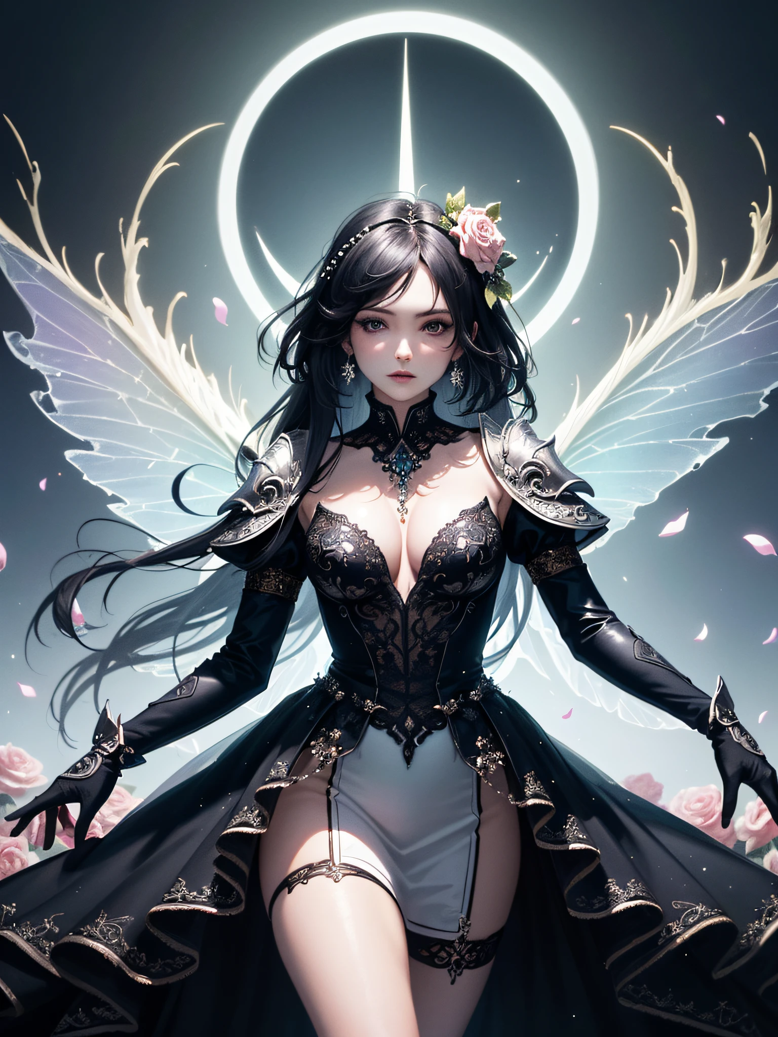 (Masterpiece,high definition, best quality, superior quality, intricate details, beautiful aesthetic:1.2),high quality, 8k, raw, ultra details, extremely detailed and beautifull,a woman dressed as a fairy standing in a field of roses, a hologram by Nele Zirnite, pixabay contest winner, fantasy art, luminescence, enchanting, bioluminescence
