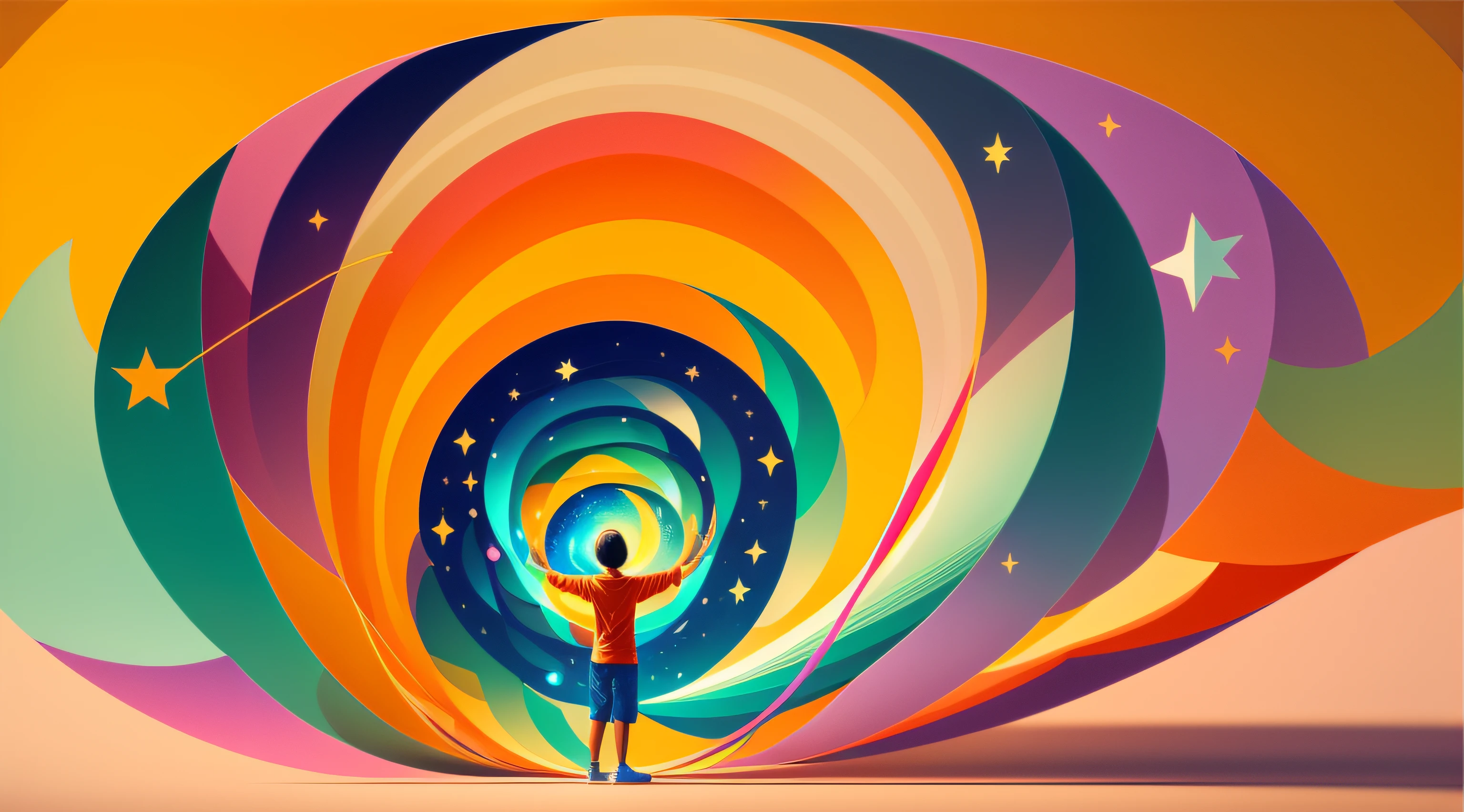 no centro da imagem, uma figura estilizada de uma pessoa, made with fluid and organic lines, is raising his hands toward the sky, como se estivesse moldando as estrelas e os planetas. The figure is formed by vivid and vibrant colors, representando a criatividade em sua forma mais pura. Your hands are surrounded by a vortex of light and energy, symbolizing the connection between creativity and the ability to create a positive impact. Em torno da figura central, A series of scenes unfold like intertwined constellations. Each scene depicts moments of transformation and helping people in need. Uma cena mostra a figura ajudando a construir casas, Another scene shows her sharing knowledge with the children, and a third scene shows her creating inspiring artwork to bring joy to communities.