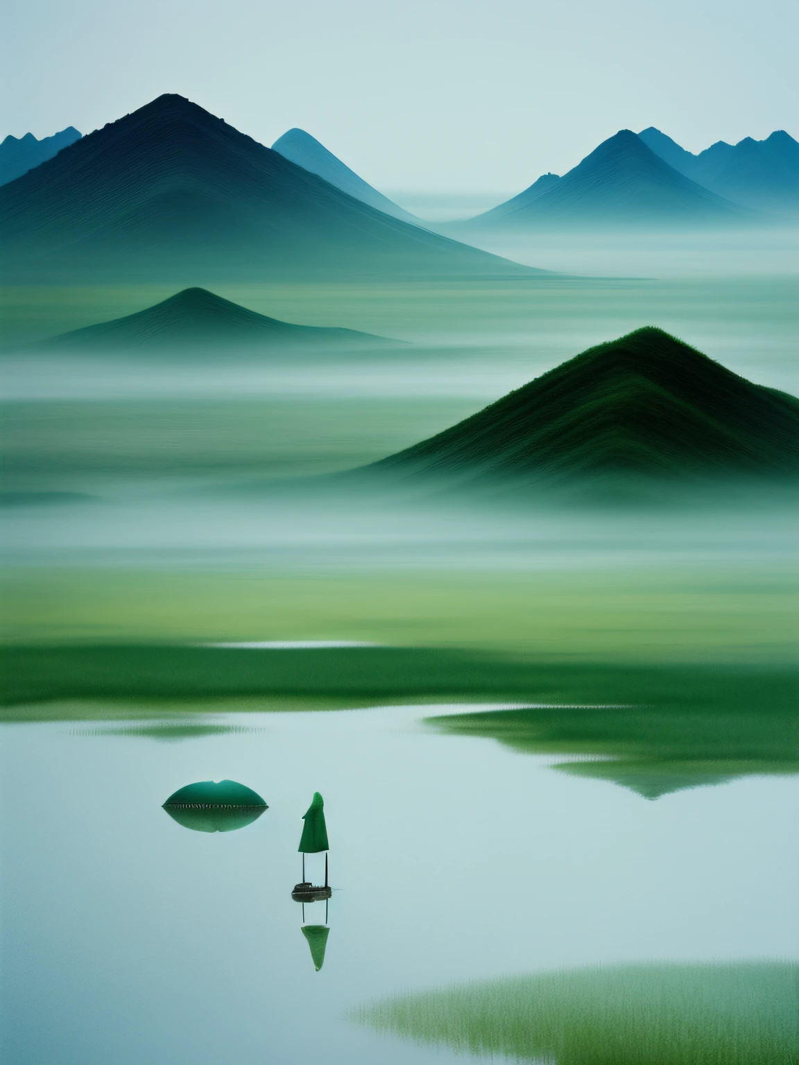 in a Vast Tranquil Landscape, by Scarlett Hooft Graafland, in a Tranquil Landscape, Sergei Zabelin, by Fei Danxu, photo shoot, hyper realisitc, Chinese aesthetics, rainy days, rained, Gangnam, ink and watercolor painting