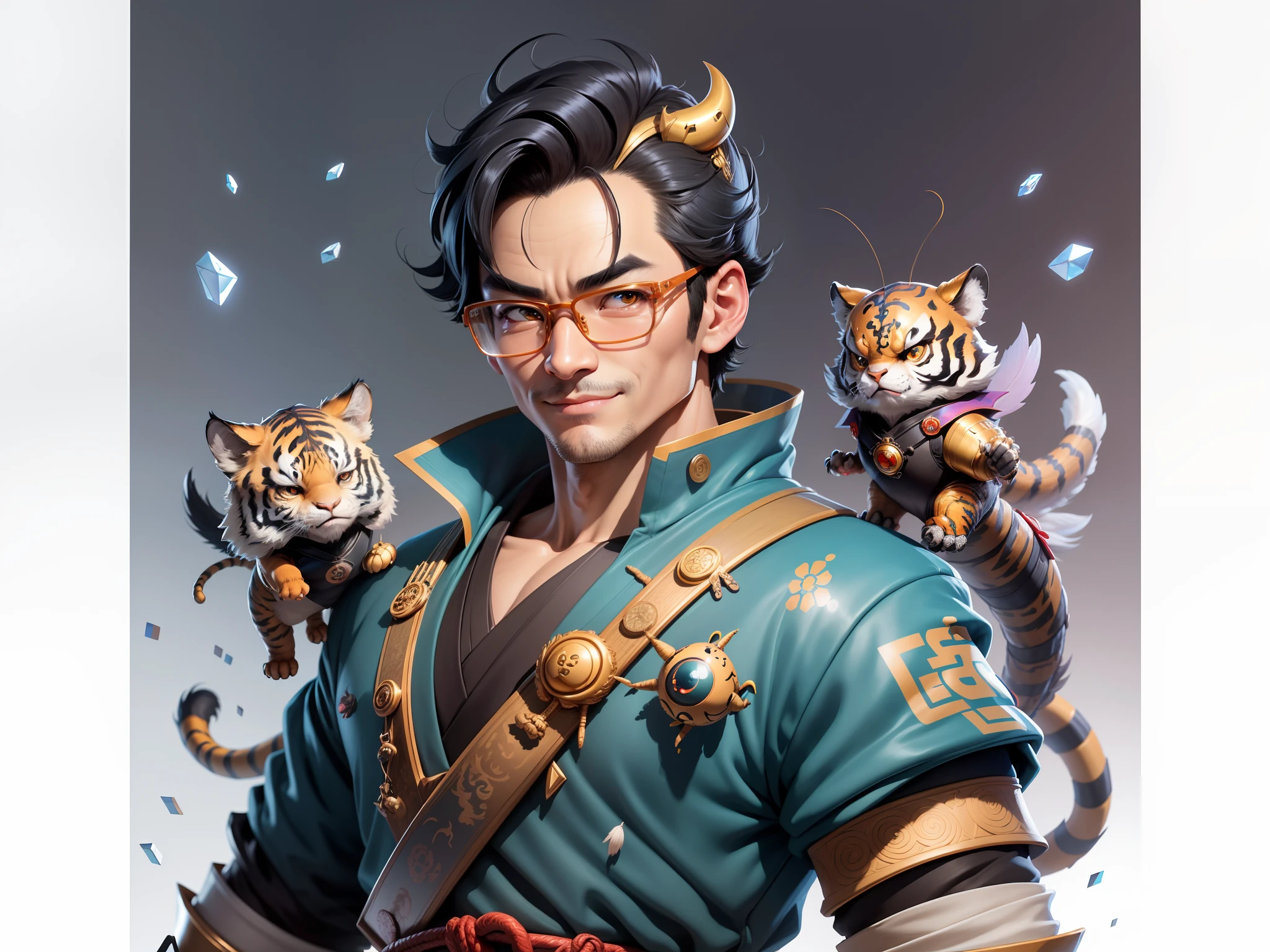 (Masterpiece), (Excellent), (Super Meticulous), (Full Body: 1.2), Super Young Man with Japanese Female Geisha, Pretty, Beautiful, Chinese Dragon, Tiger, Wind God Thor, Sexy, Bursting, Oriental Face, TV Anchor, Bust Portrait Illustration, Black Suit, Blue Tie, Slightly Chubby Face, Silver Glasses, Very Clean Face, No Beard on Chin, Black Super Short Hair, Black Eyes, Confident Smile, 3c Computer Sub-Products, iPad, iPhone, Digital Painting, 3D character design by Mark Clairedon and Pixar and Hayao Miyazaki and Akira Toriyama, the illustrations are HD illustrations in 4K resolution with highly detailed facial features and cartoon-style visuals.
