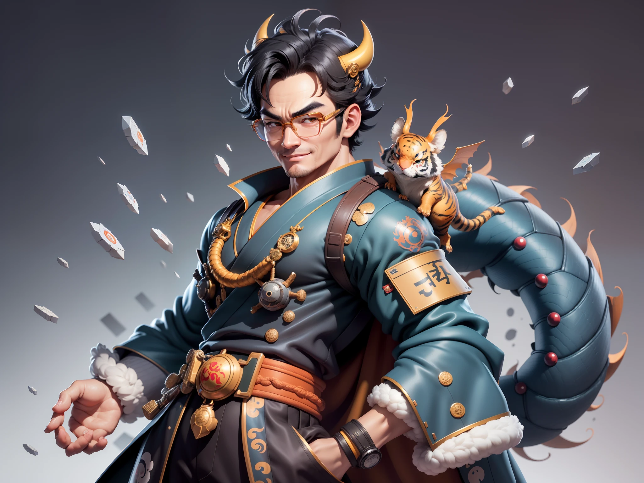 (Masterpiece), (Excellent), (Super Meticulous), (Full Body: 1.2), Super Young Man with Japanese Female Geisha, Pretty, Beautiful, Chinese Dragon, Tiger, Wind God Thor, Sexy, Bursting, Oriental Face, TV Anchor, Bust Portrait Illustration, Black Suit, Blue Tie, Slightly Chubby Face, Silver Glasses, Very Clean Face, No Beard on Chin, Black Super Short Hair, Black Eyes, Confident Smile, 3c Computer Sub-Products, iPad, iPhone, Digital Painting, 3D character design by Mark Clairedon and Pixar and Hayao Miyazaki and Akira Toriyama, the illustrations are HD illustrations in 4K resolution with highly detailed facial features and cartoon-style visuals.