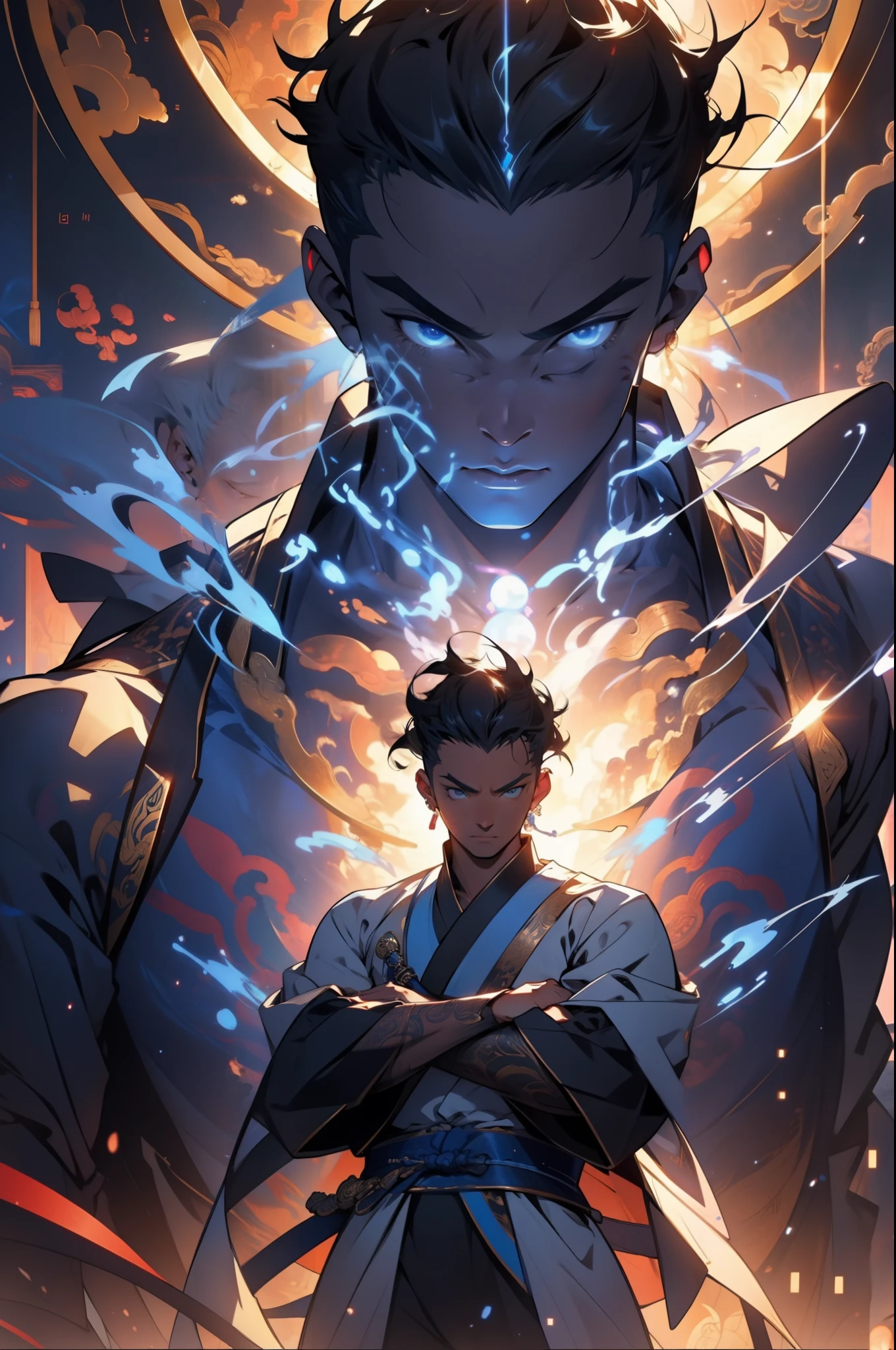 A Disney character stands in front of a blue-glowing Buddha statue，Show his arms，playstation 5 screenshot，chinese paintings，close-up intensity，Zhong Fenghua，kazuki takamatsu，Han Young-ho，God Ray，Master of Sunshine，looking at the camera in，3Drenderingof，ZBrush，rendering by octane，8K，best qualtiy