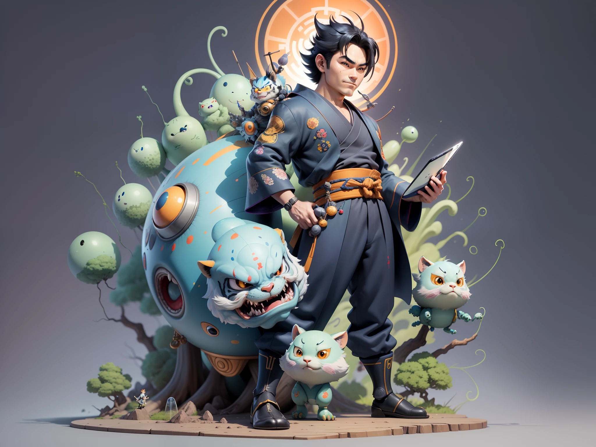 (Masterpiece), (Excellent), (Super Meticulous), (Full Body: 1.2), Super Young Man, Oriental Face, Japanese Kimono, Japanese Wind Thunder God, Dragon, Tiger, TV Anchor, Bust Portrait Illustration, Alone, Black Suit, Blue Tie, Slightly Chubby Face, Very Clean Face, No Beard, Black Super Short Hair, Black Eyes, Confident Smile, 3c Computer Sub-Products, iPad, iPhone, Digital Painting, 3D Character Design by Akira Toriyama and Mark Claireden and Pixar and Hayao Miyazaki, The illustration is a high-definition illustration in 4K resolution with very detailed facial features and cartoon-style visuals.