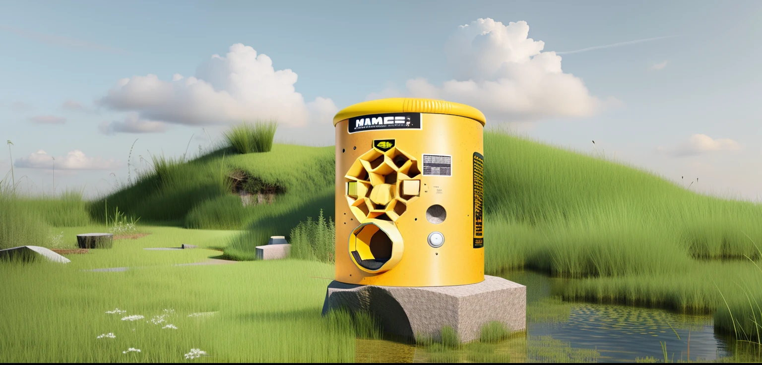 On a stone in the meadow is a yellow cylinder, high quality topical render, promotional render, Product rendering, 3 d product render, mate painting mix rendering, product design render, ! C4D, (honeybee), designed in blender, milk, honey, 3 D CG, 3D CG, a digital rendering, smooth 3d cg render