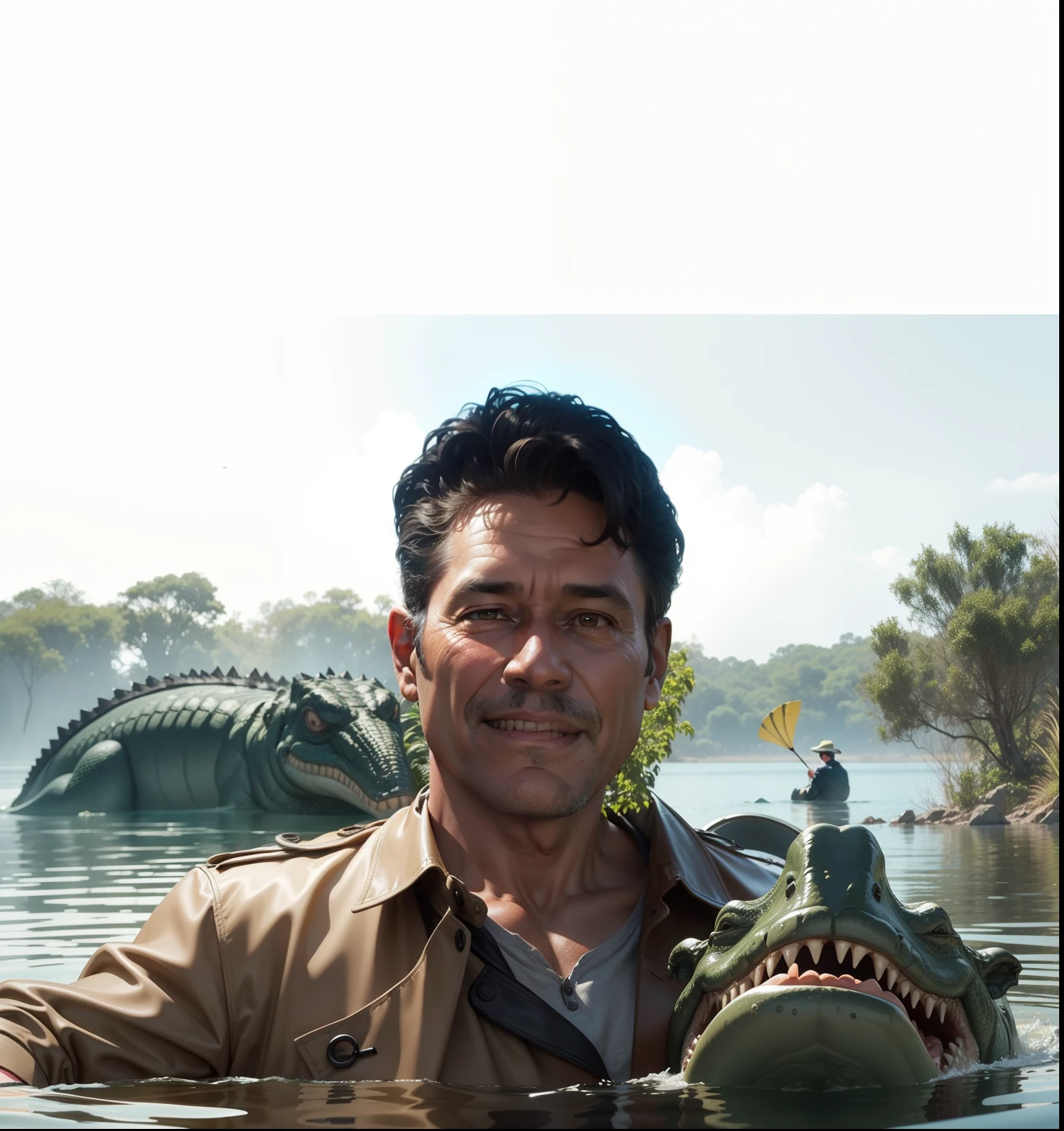 A 50-year-old man appears on kayak with a trench coat only floating on the water with crocodiles. Todo en un estilo realista