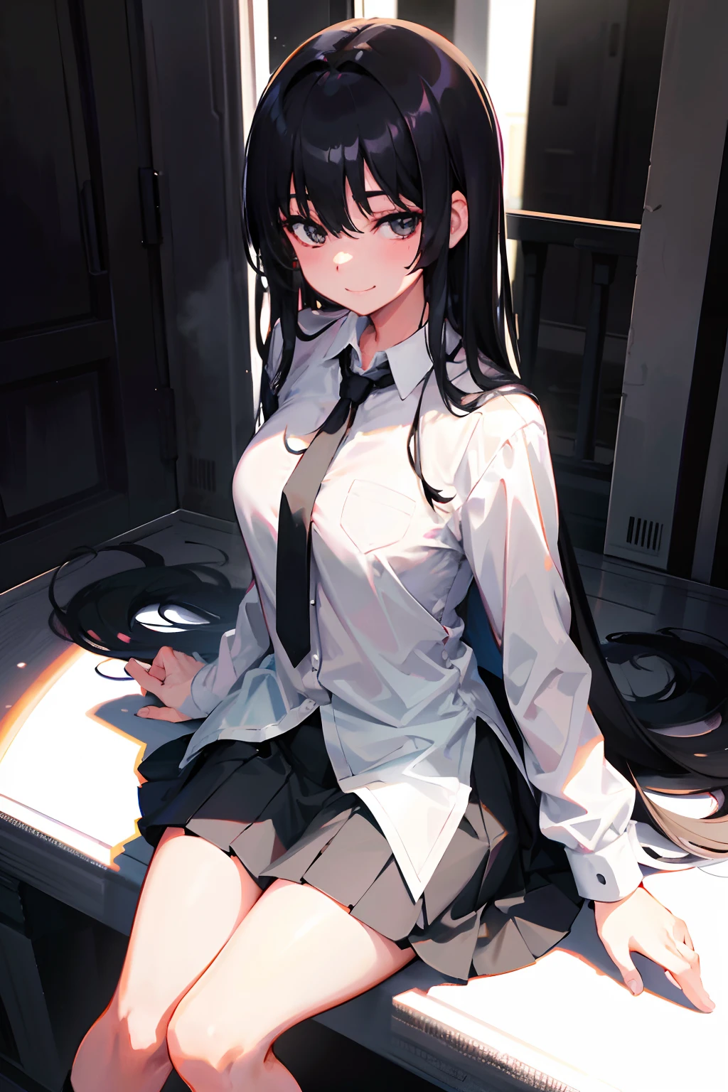 adult girl,longblackhair,Black eyes,Translucent shirt,Black skirt over the knee,A black tie,Wide open chest,ssmile,tmasterpiece,high high quality,Light and shadow tracking,Leg details