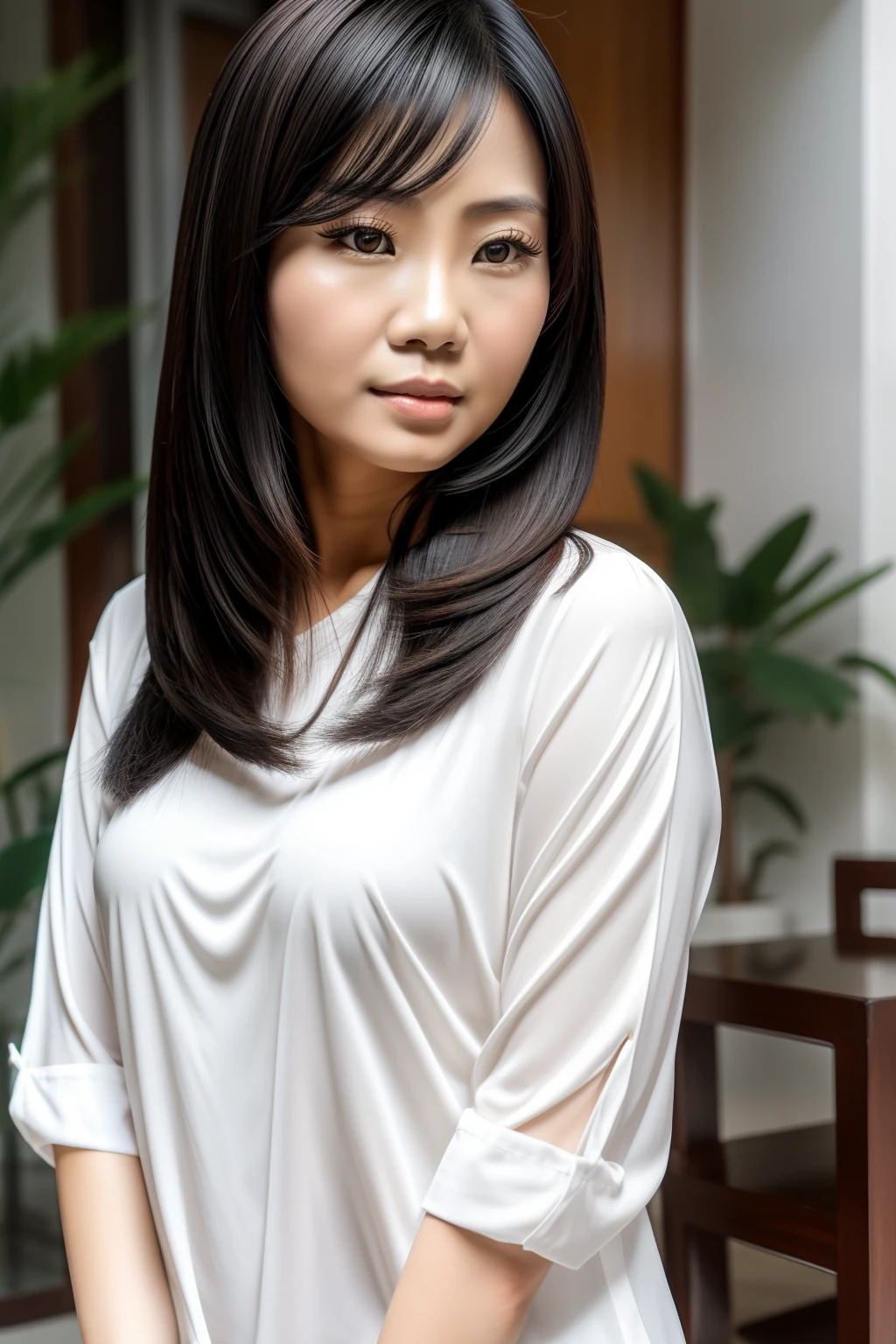 Vietnamese woman, 35 years old, casual clothes, black hair, blond skin, loose hair