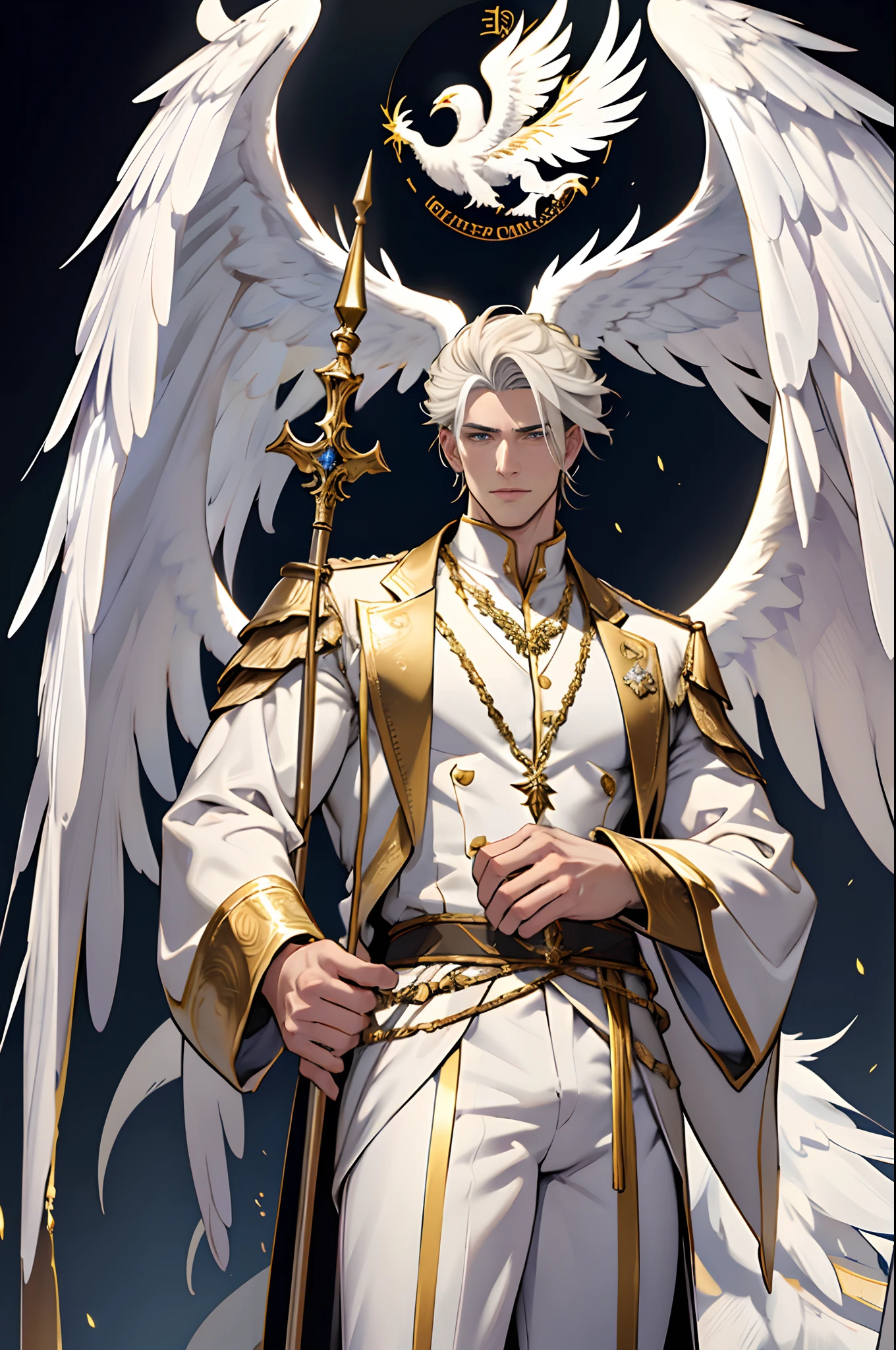 Caius is a handsome male, stands at 7ft tall. He has an athletic body structure. He wears royal attire thats silver and gold. He has beautiful white silky hair and an golden color. He is seen with a staff. He has huge white wings. A big bulge in his pants. White Phoenix human form, good quality, ultra high quality