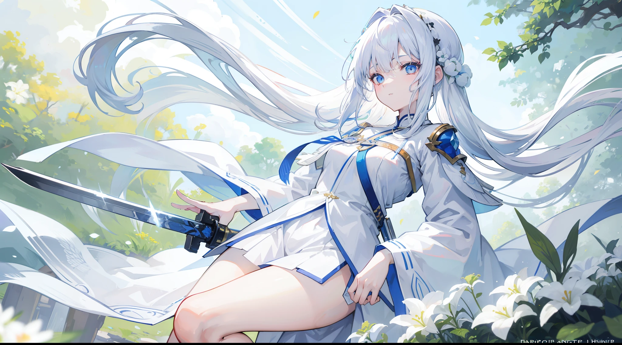 a barefoot white-haired anime waifu with dark bluish hair, wearing flowing white clothes, standing gracefully in the lush grass plains, holding a gleaming sword. Shot with a digital camera, using vibrant colors and a portrait lens to capture the waifu's delicate features.