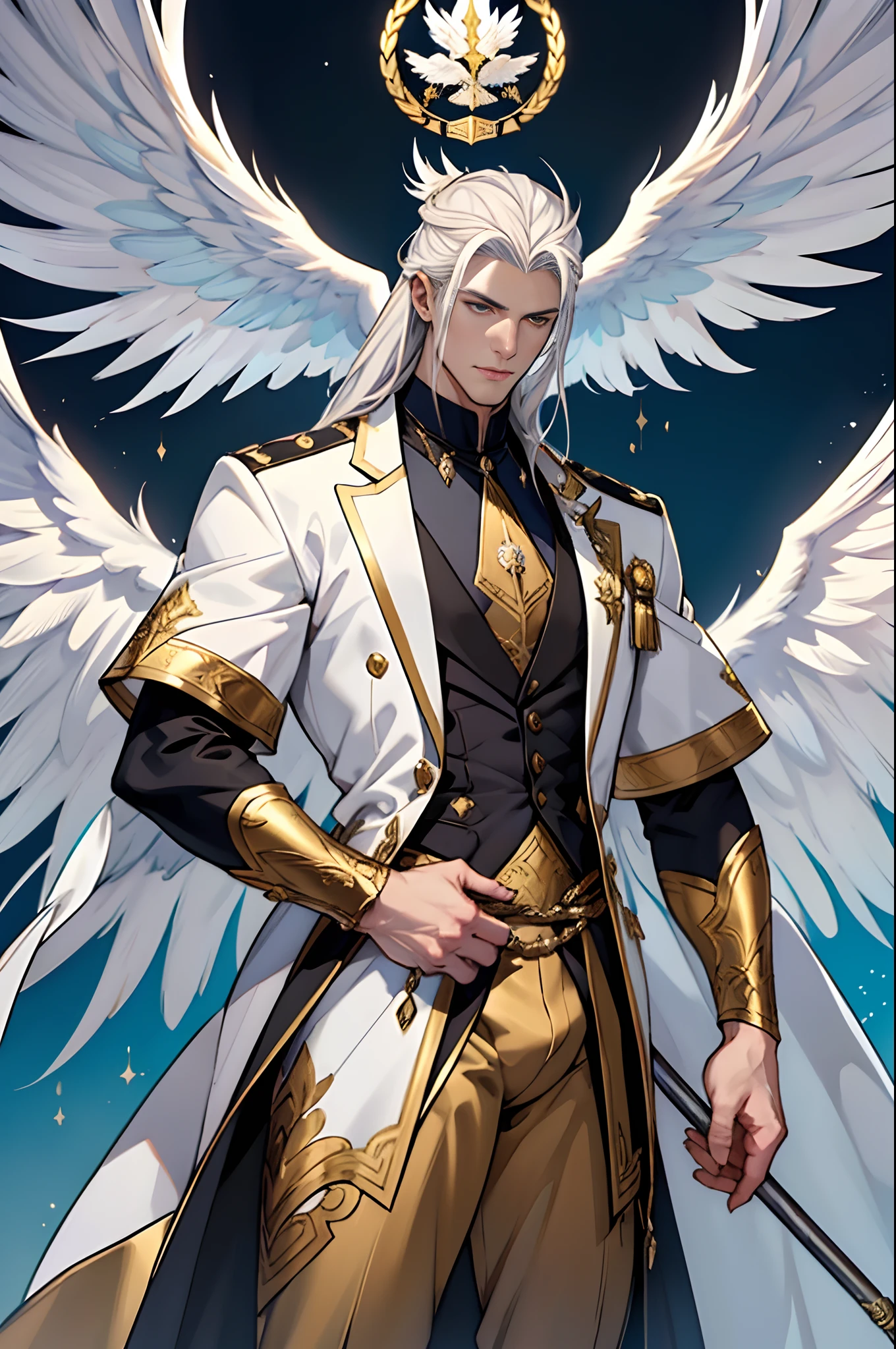 Caius is a handsome male, stands at 7ft tall. He has an athletic body structure. He wears royal attire thats silver and gold. He has beautiful white silky hair and an golden color. He is seen with a staff. He has huge white wings. A big bulge in his pants. White Phoenix human form, good quality, ultra high quality