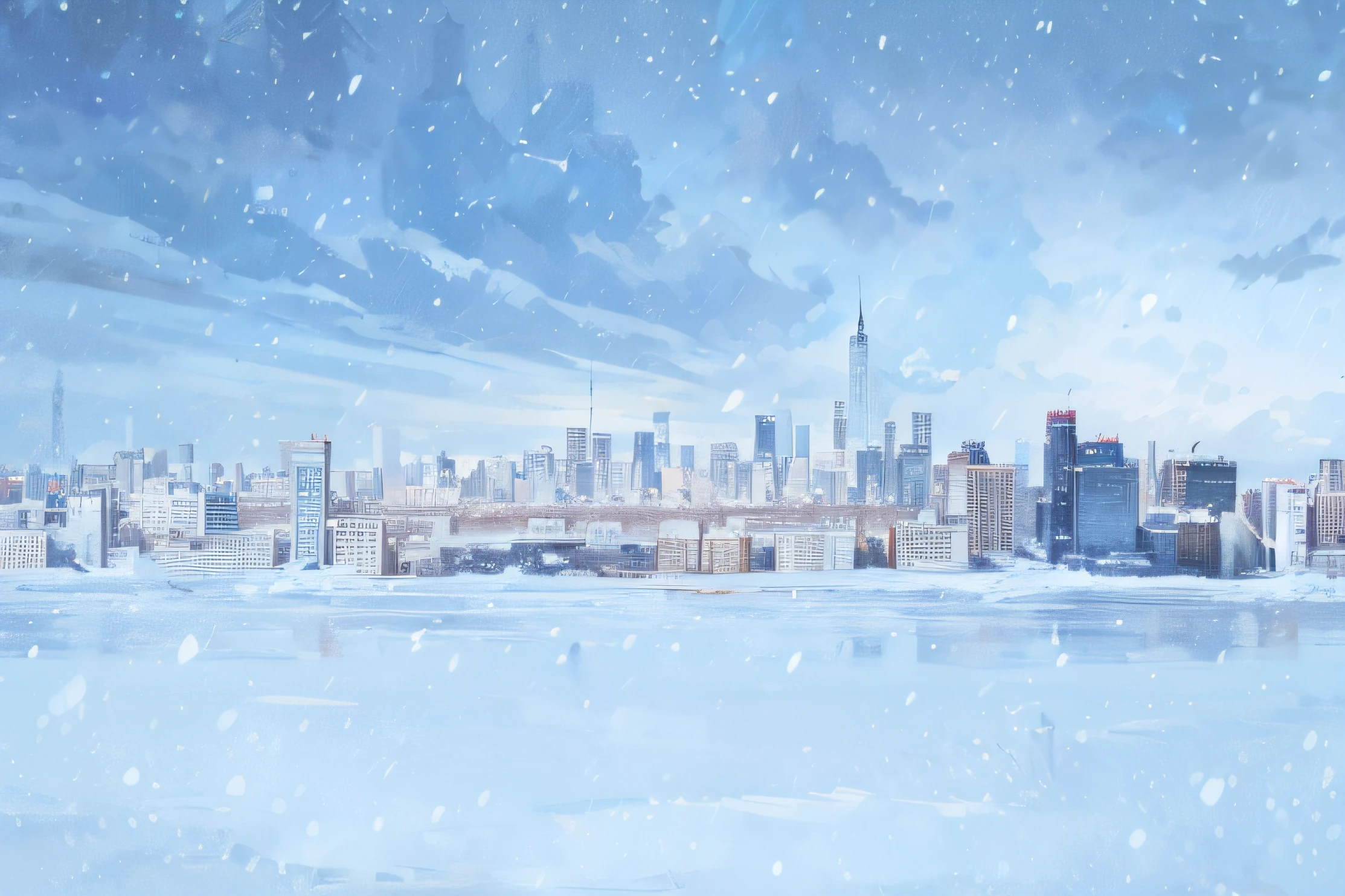 Snowy city skyline,There are a lot of buildings and blue sky, It snows in the city,It snowed a lot, (Snowy New York background), new - york skyline in winter, ice city in 2 0 8 0, minneapolis as background, city in backround, urban backdrop, urban in the background, super wide view of a cityscape, city skyline in the background