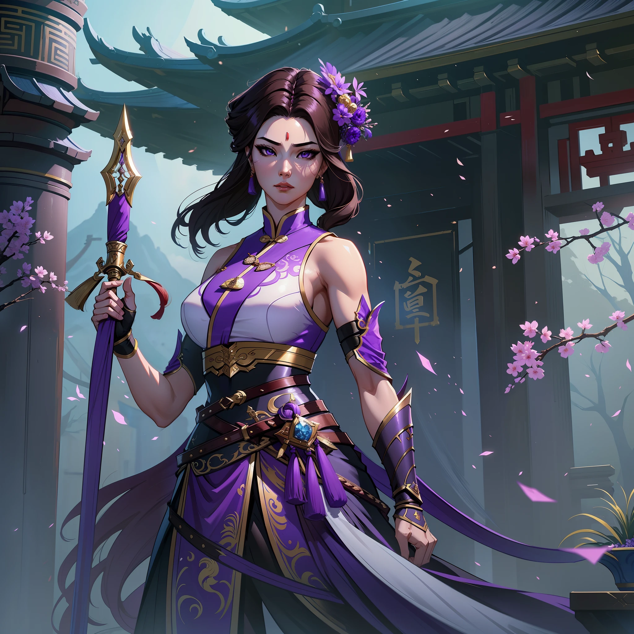 a close up of a strong amazon woman in her 30's, with purple eyes and grey-brown hair, wearing a black and purple ball gown dress, a heroine with purple eyes, martial artist holding polearm, standing in a chinese temple, new costume concept design, in the style of blade and soul, full body character concept, detailed character design, inspired by Yang Jin, inspired by Li Mei-Shu, chinese costume, inspired by Lan Ying, inspired by Sim Sa-Jeong, inspired by Li Tang, lunar themed attire, costume with blue accents, inspired by Ju Lian, colored concept art, highly detailed character design, highly detailed face, inspired by Ai Xuan, very highly detailed face, unreal engine render, final fantasy 14 style, inspired by Leng Mei
