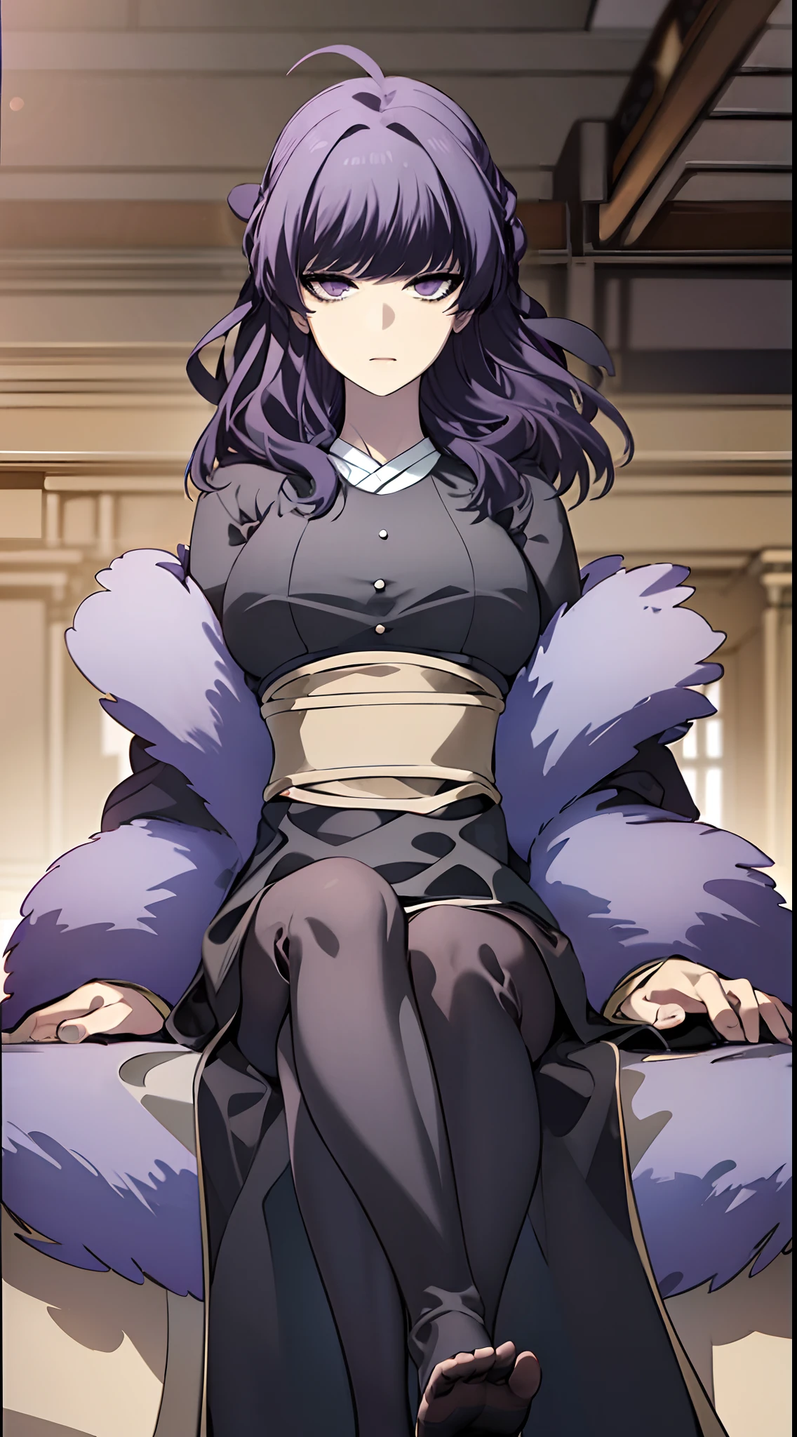 1girl, solo, long hair, dress, purple eyes, purple hair, ahoge, black dress, black kimono, coat, fur trim, Anastasia_Zelenska, feet up, soles